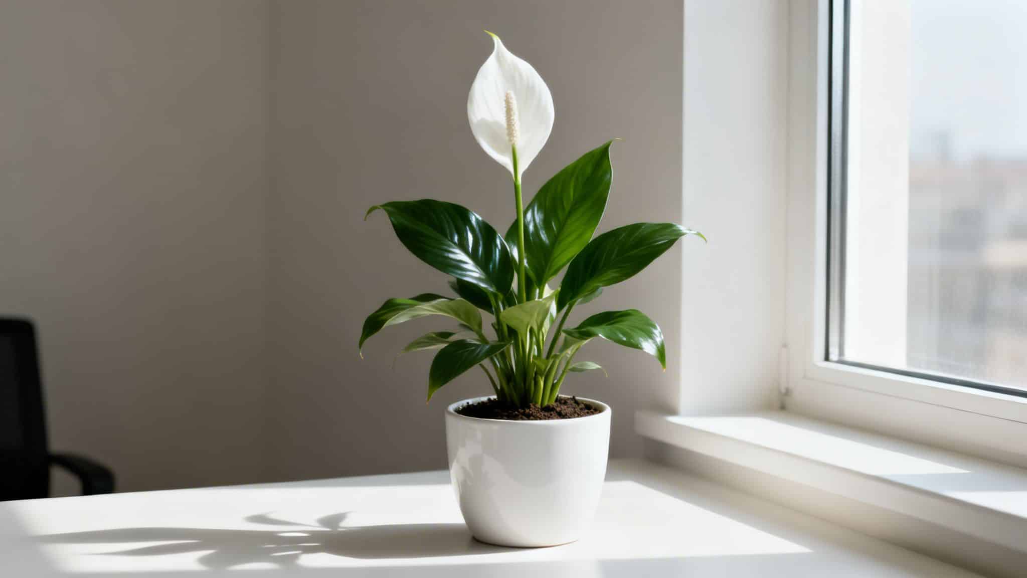 A vibrant peace lily plant in a white pot sits on a sunlit windowsill.