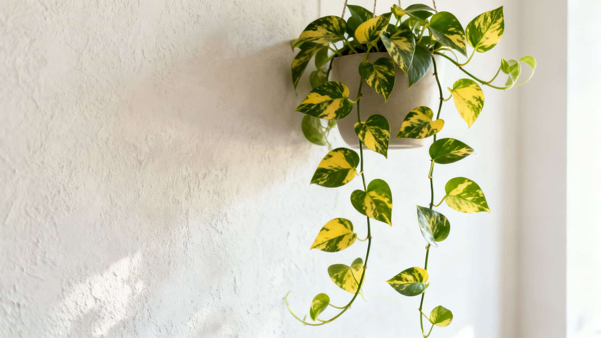 A hanging pothos plant with green and yellow variegated leaves against a textured white wall.