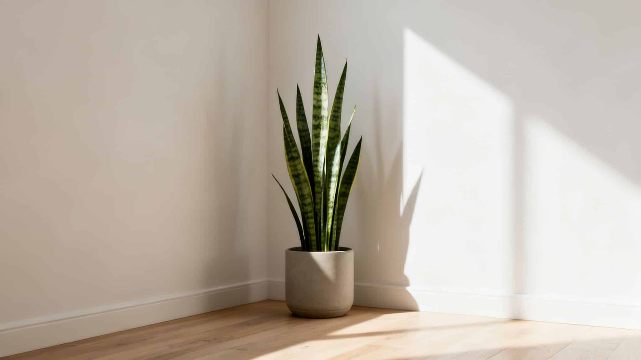 A tall snake plant in a grey pot sits in a bright corner with sunlight shadows.