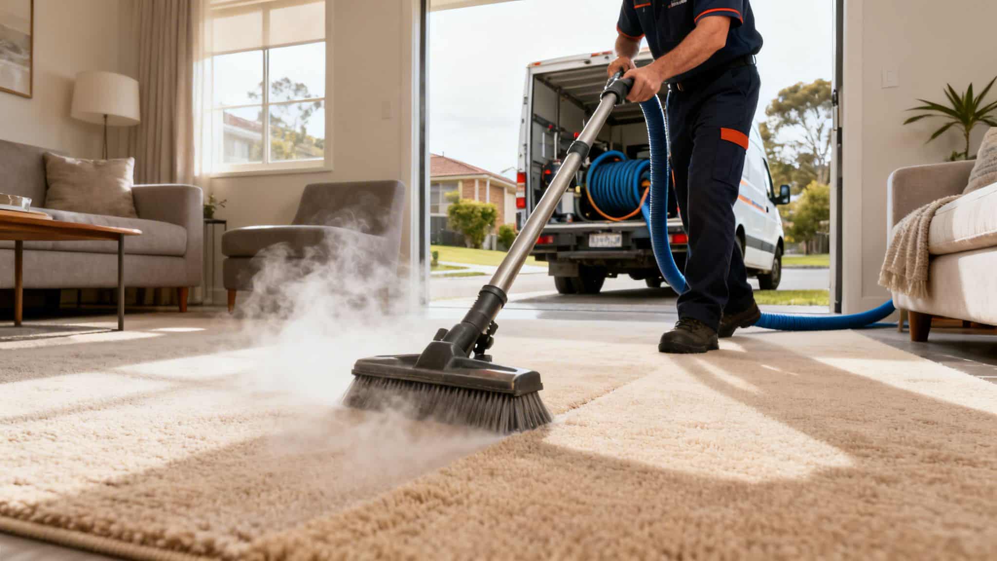 A professional cleaner deep cleaning a beige carpet with a steam cleaner, inside a home.