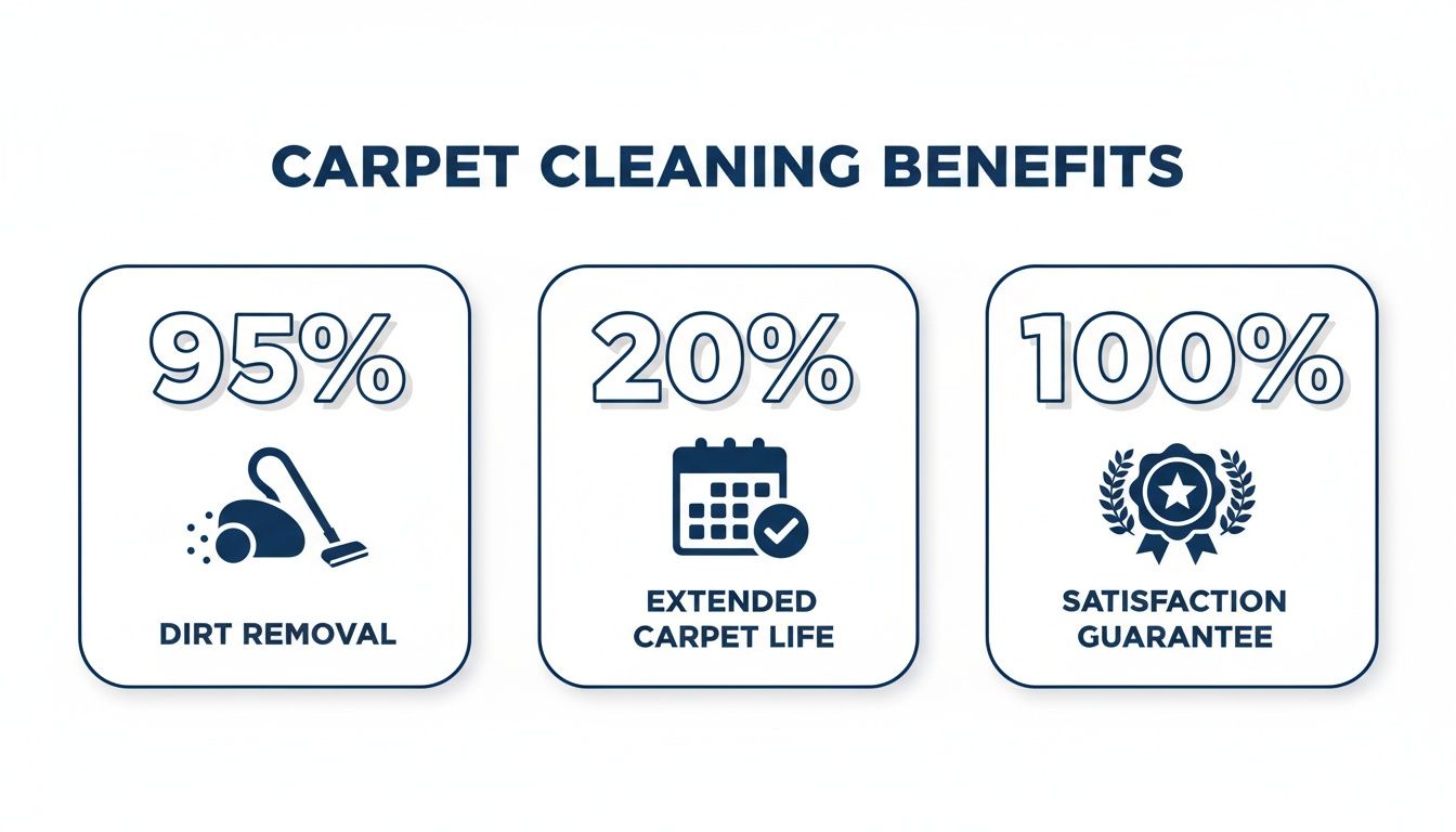 Infographic showing carpet cleaning benefits: 95% dirt removal, extended carpet life, and satisfaction guarantee.