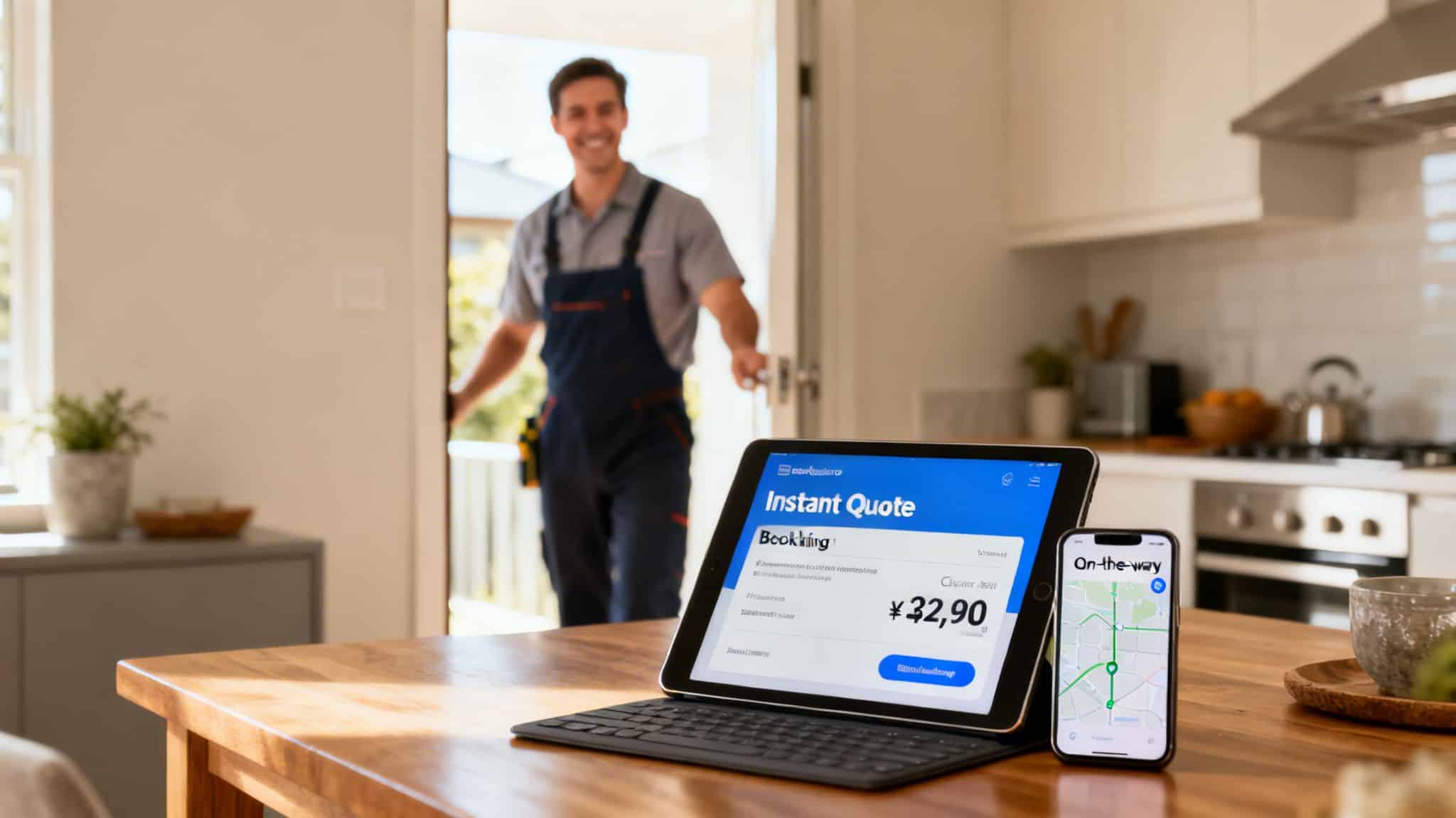 A smiling technician enters a home. On a table, a tablet shows a service quote and a phone tracks arrival.