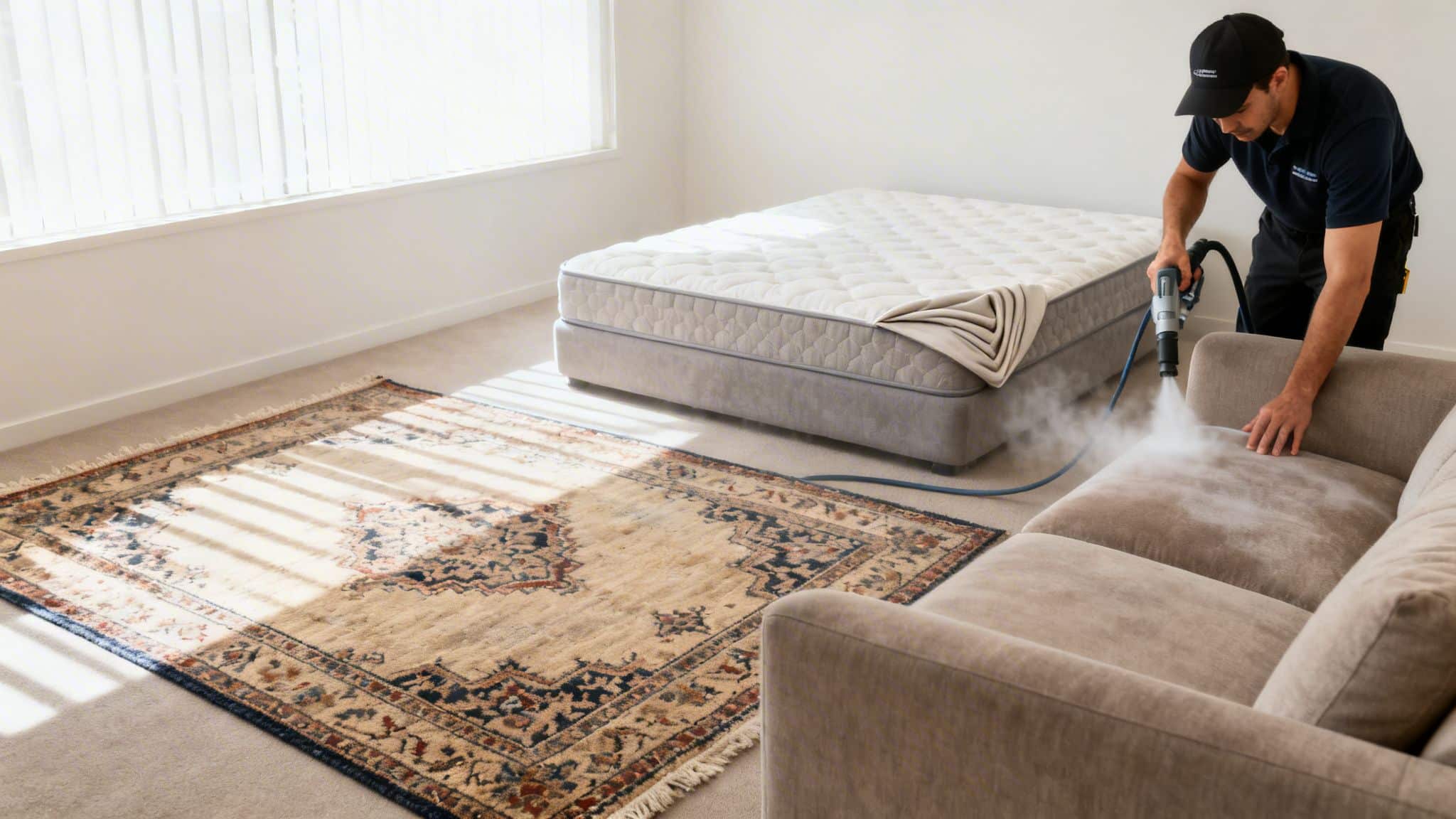 A professional cleaner steam cleaning a beige sofa in a room with a mattress and rug.