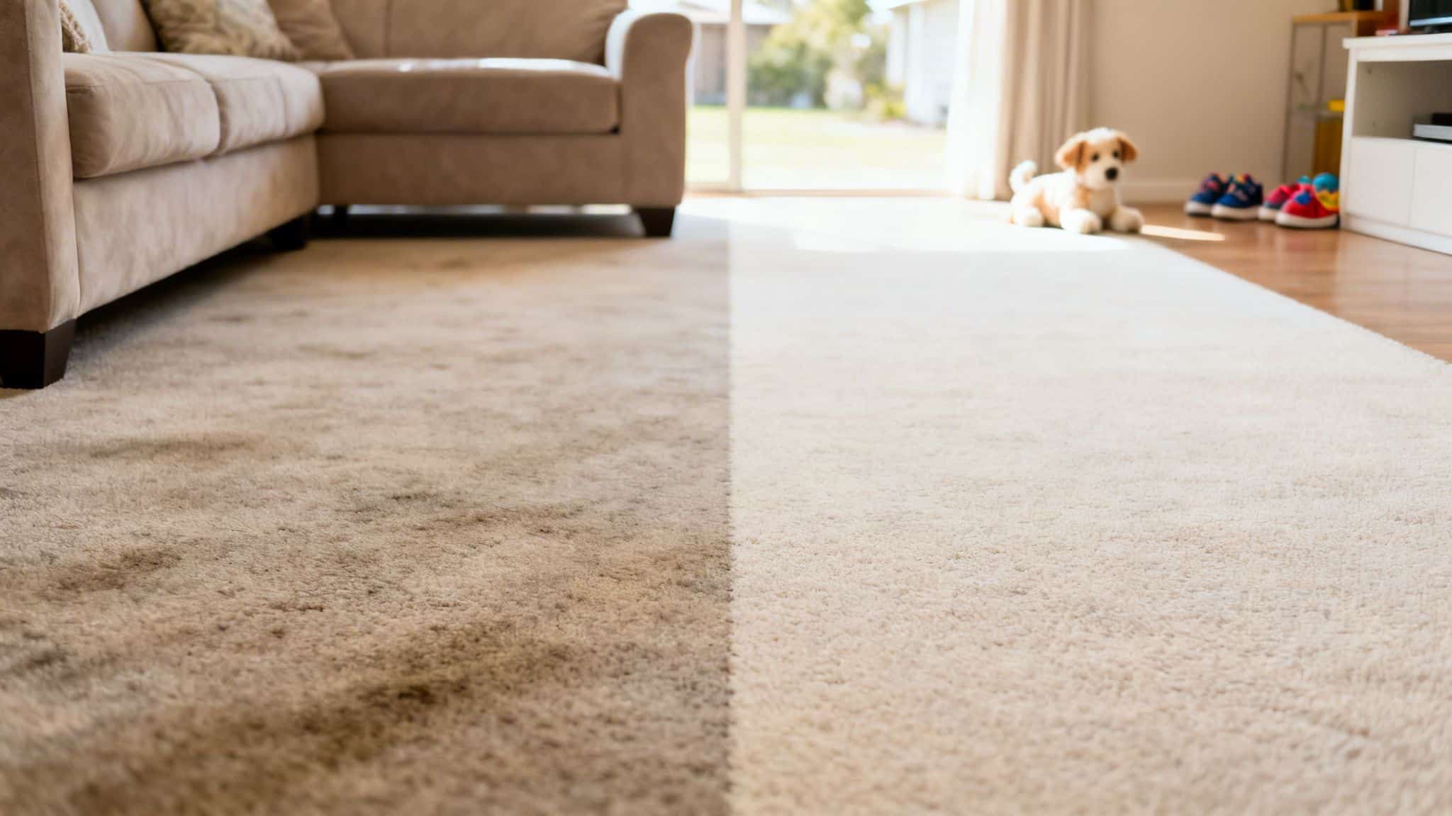 Half of a light-colored carpet is dirty, while the other half is visibly clean.