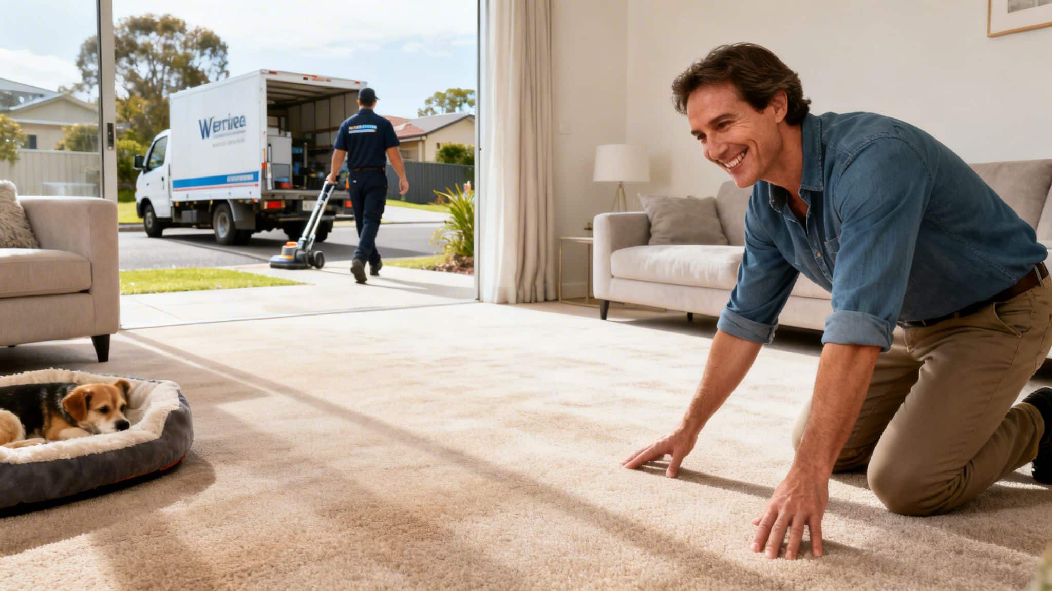Man inspects his freshly cleaned carpet as a Werribee technician uses a cleaning machine outside.