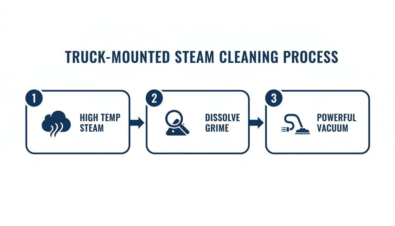 A diagram illustrates a three-step truck-mounted steam cleaning process: high temp steam, dissolve grime, and powerful vacuum.