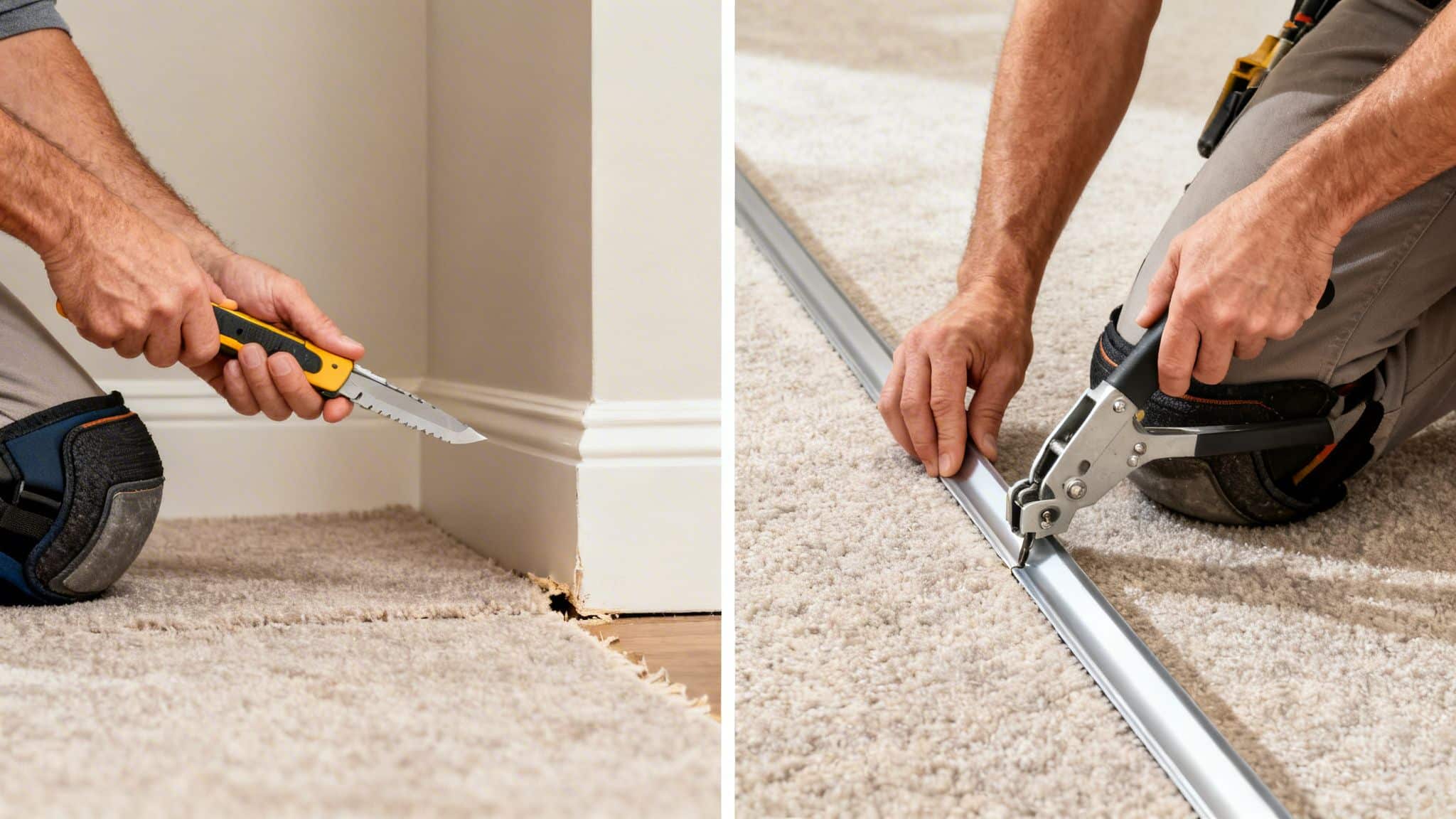 Hands installing carpet, trimming edges with a knife and seaming a transition strip onto the carpet.