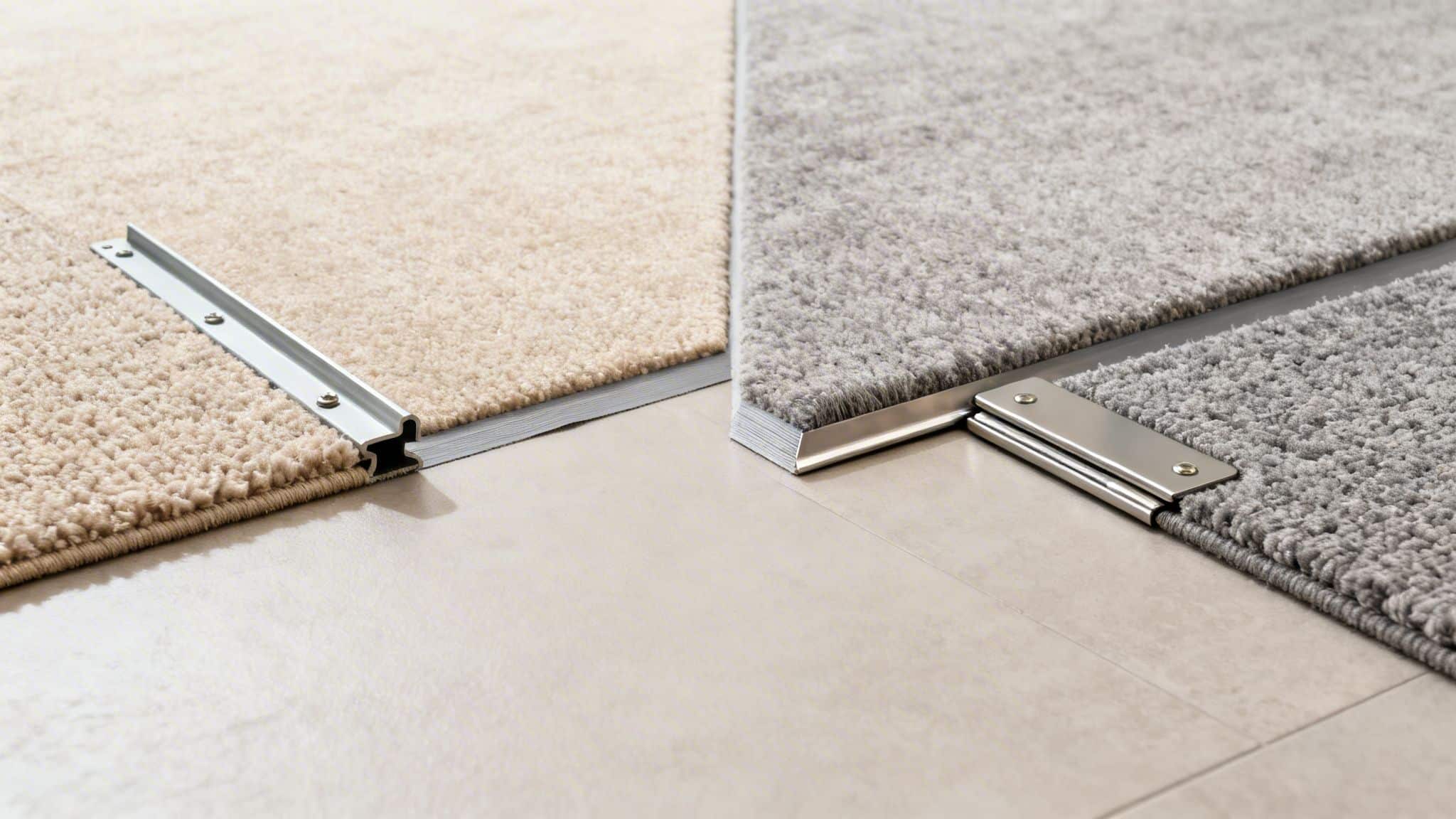 Close-up of two different carpets, beige and grey, joined by metal transition trims.