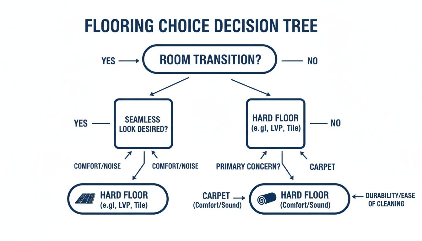 A flowchart detailing a flooring choice decision tree based on room transition and preferences.