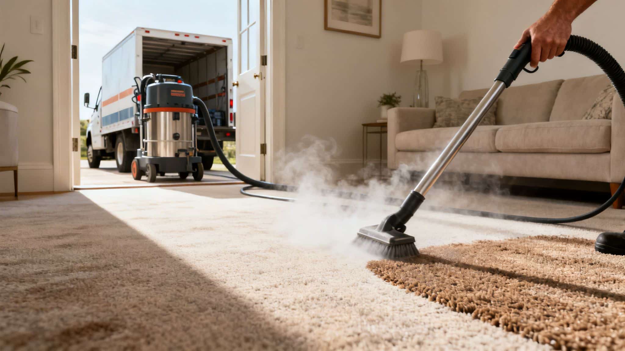 Professional carpet cleaner steam cleaning a dirty living room carpet, leaving a clean path.