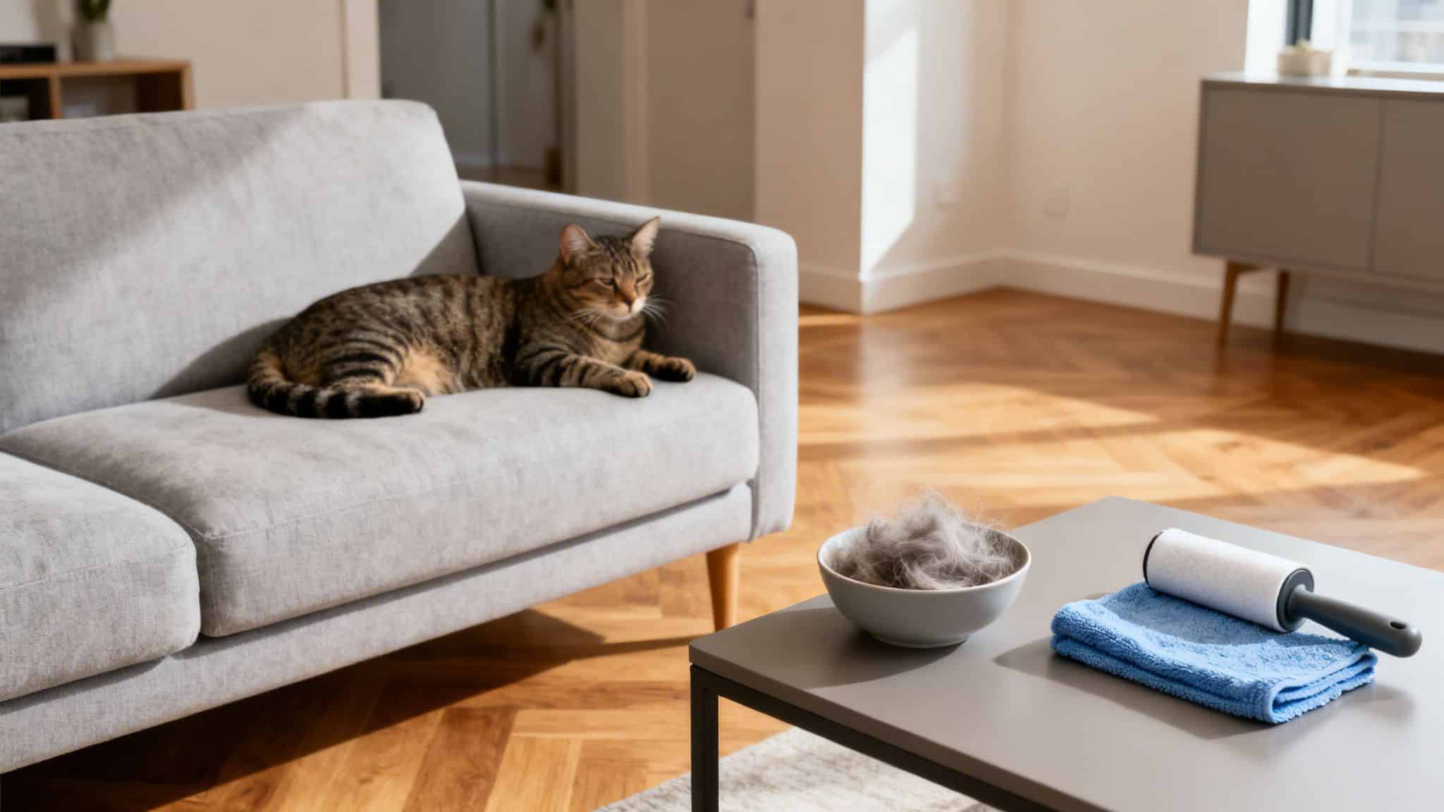A tabby cat rests on a grey sofa, with a bowl of cat hair and a lint roller on a coffee table.