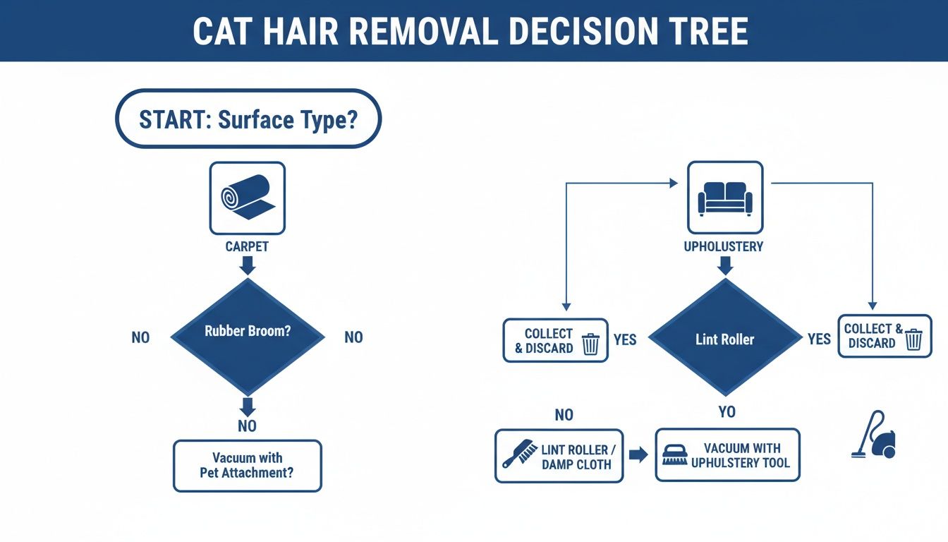 A flowchart decision tree titled 'Cat Hair Removal Decision Tree' showing steps for carpets and upholstery.