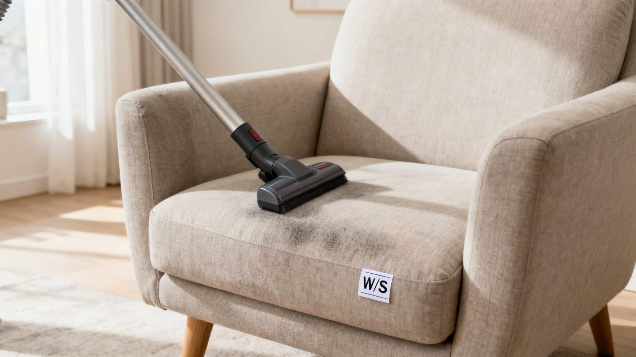 A vacuum cleaner with a brush attachment cleaning a dirty, light beige upholstered armchair with a W/S label.