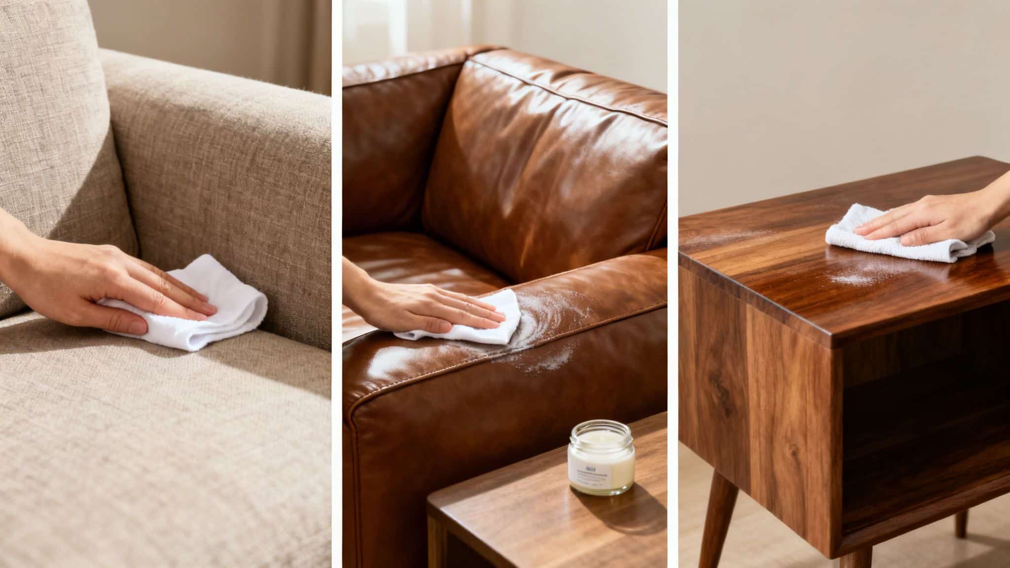 A close-up of hands cleaning various furniture surfaces: a fabric sofa, a leather couch, and a wooden table.