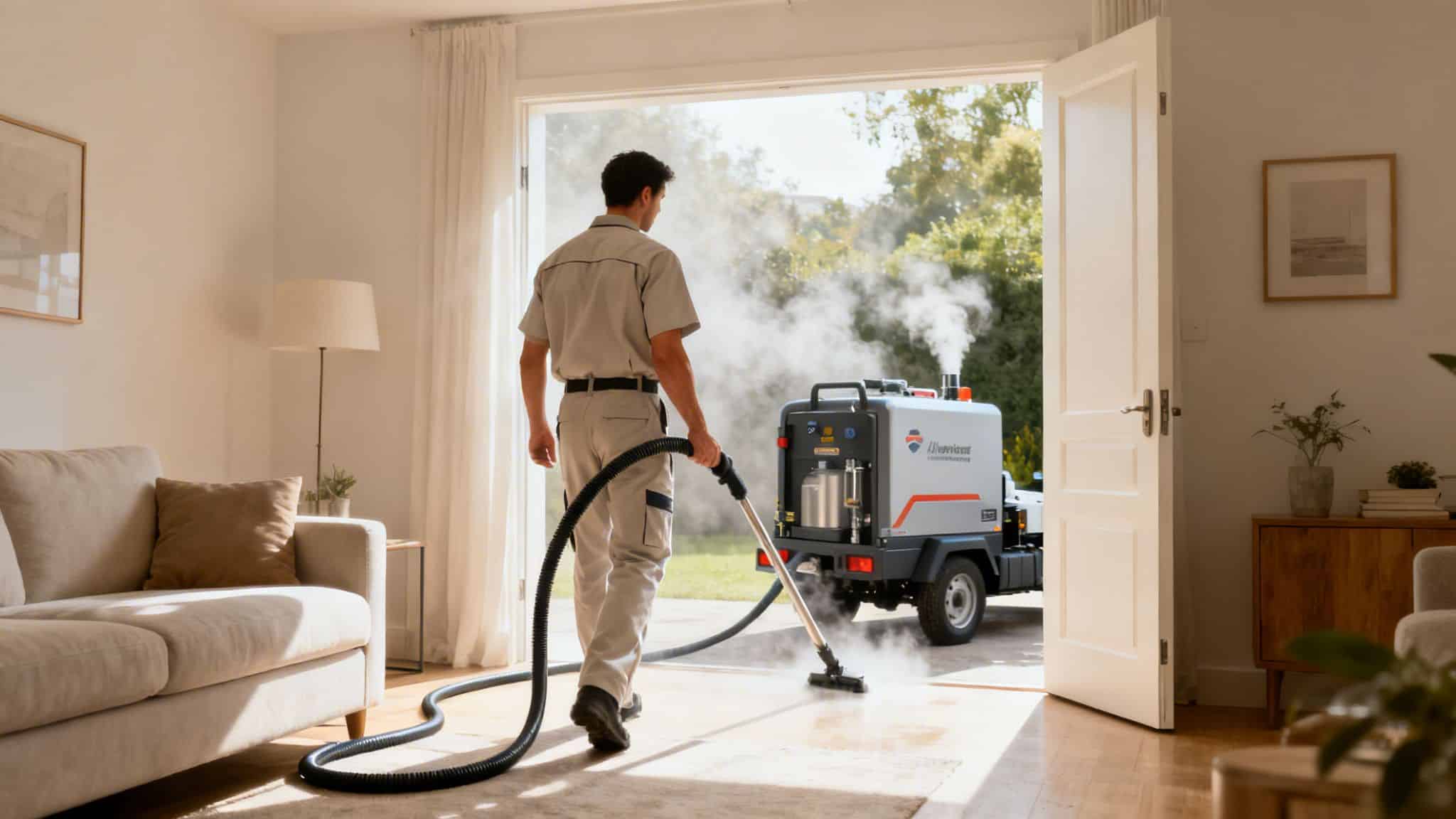 A professional cleaner uses a powerful steam cleaning machine on a rug in a sunlit living room.