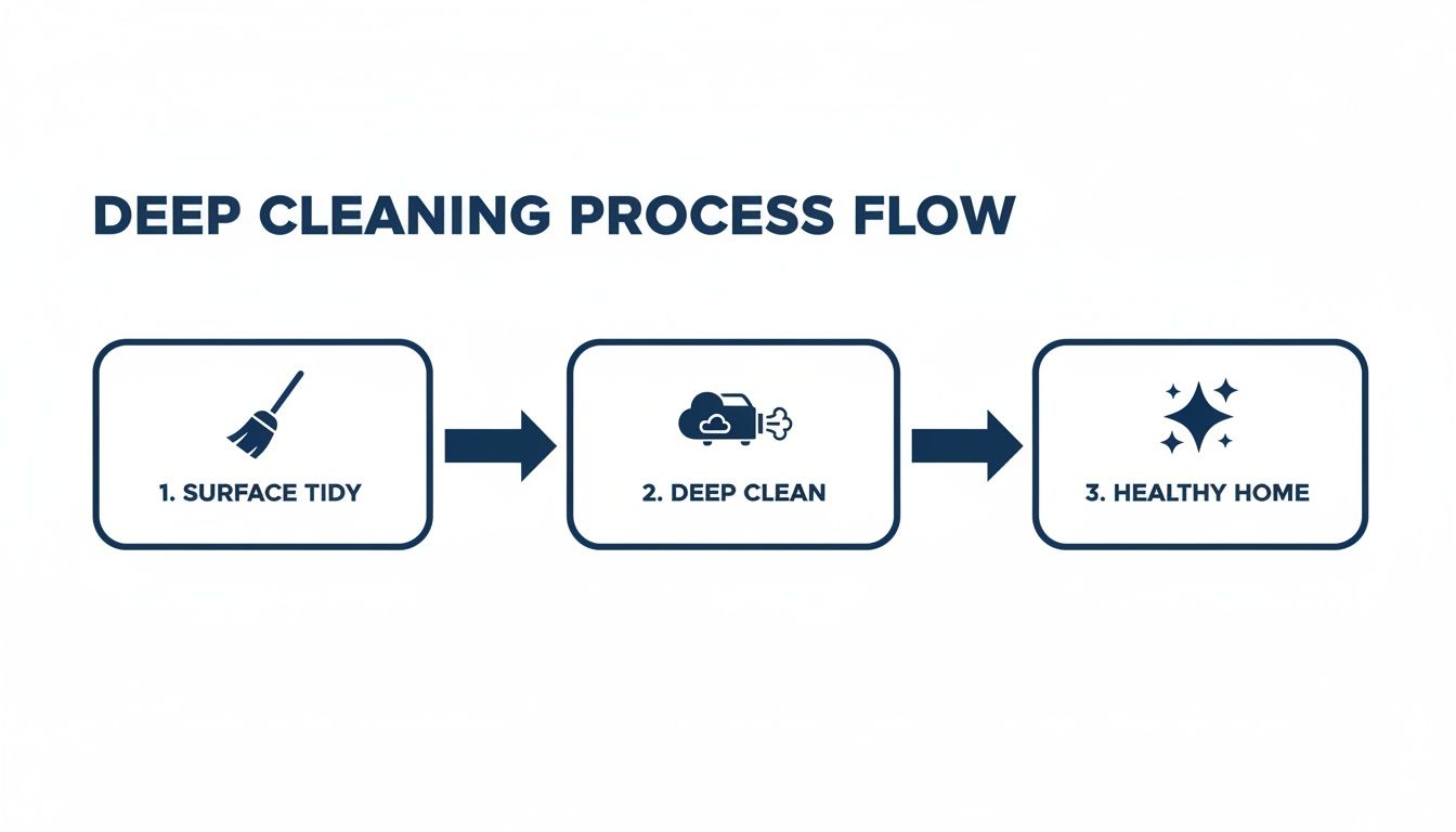 A flowchart showing a three-step deep cleaning process: surface tidy, deep clean, and healthy home.