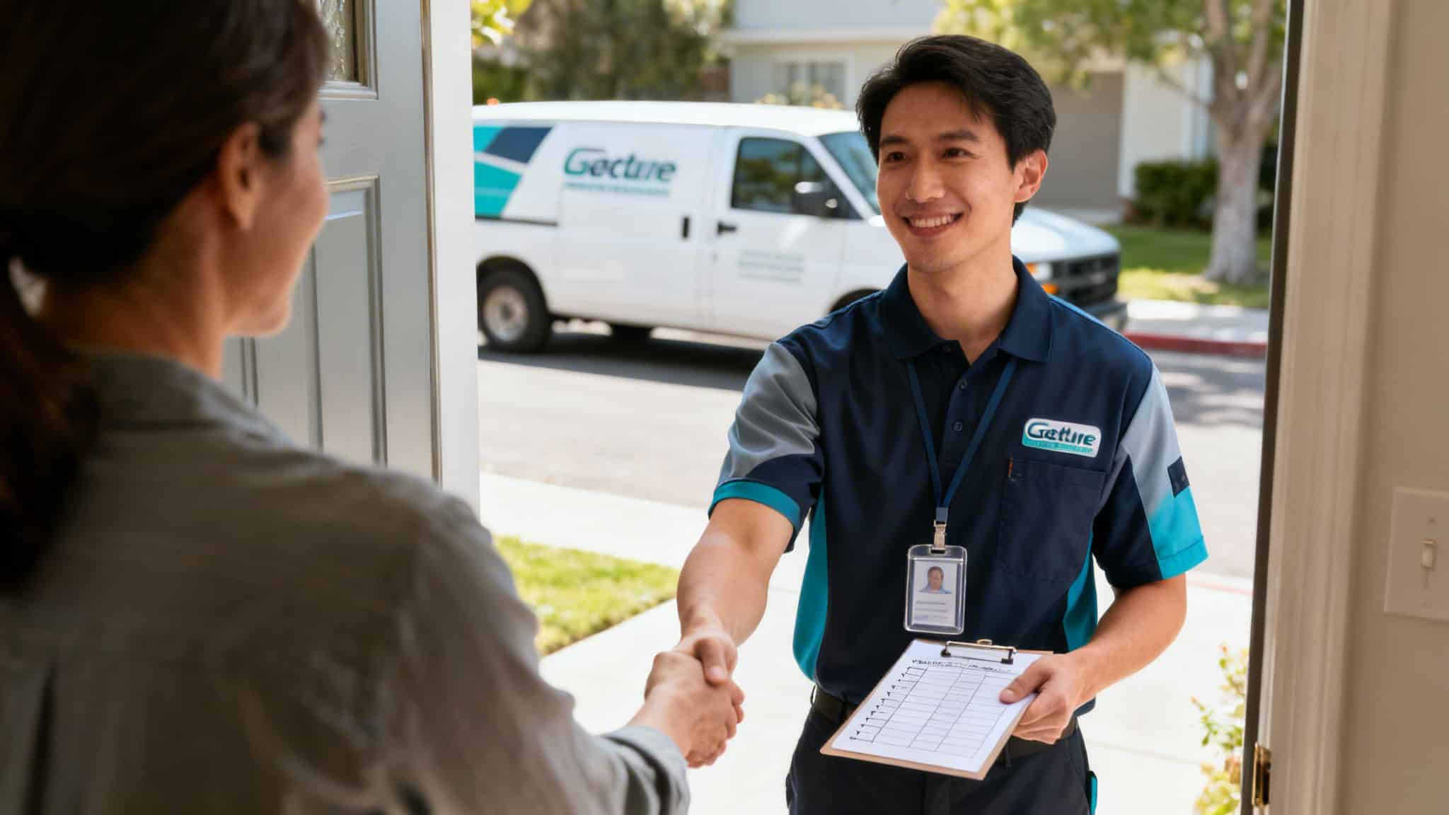 A smiling service technician shakes hands with a customer at her doorstep, with a service van visible.