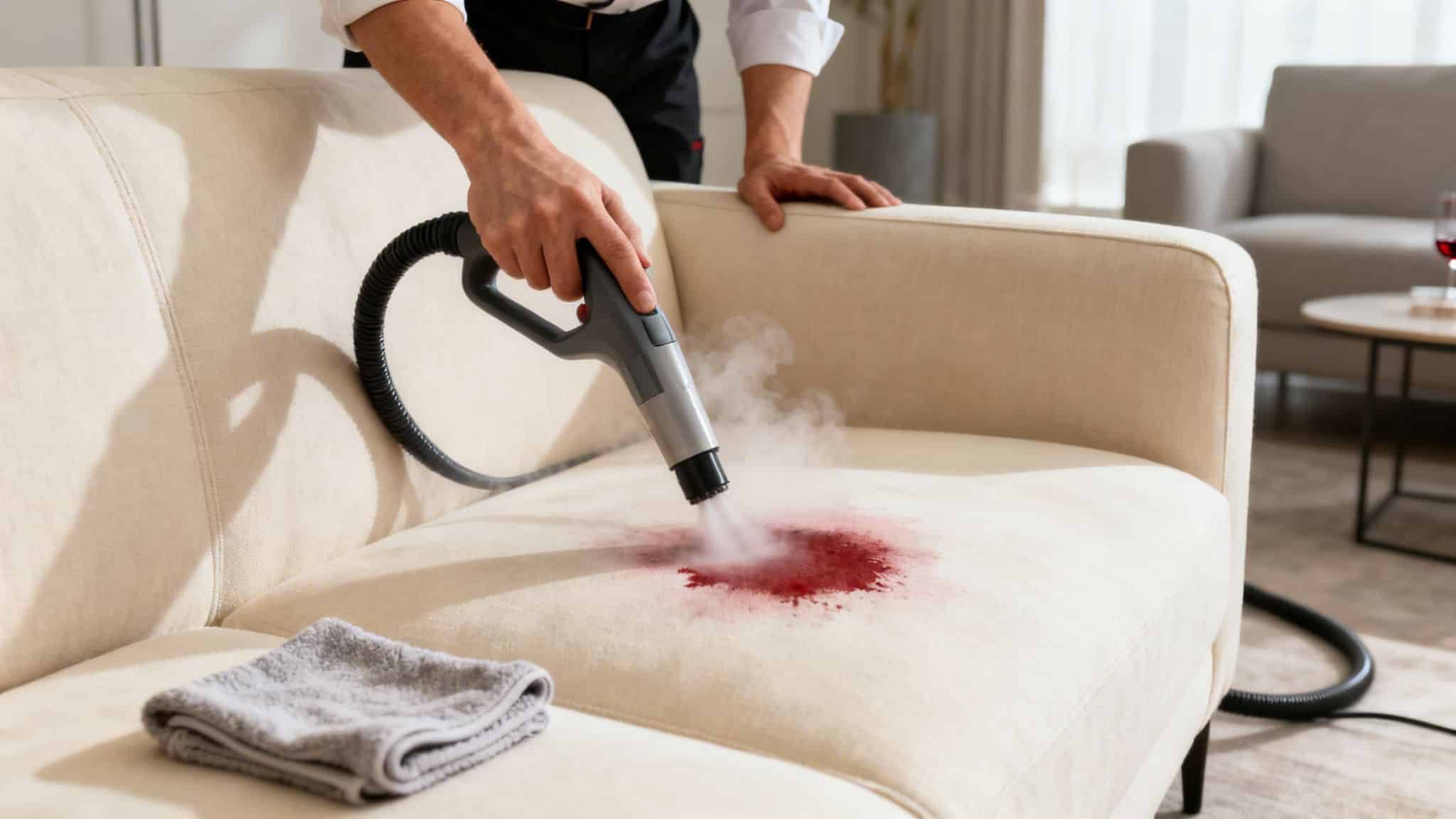Person steam cleaning a red wine stain on a light-colored sofa with a cleaner and towel.