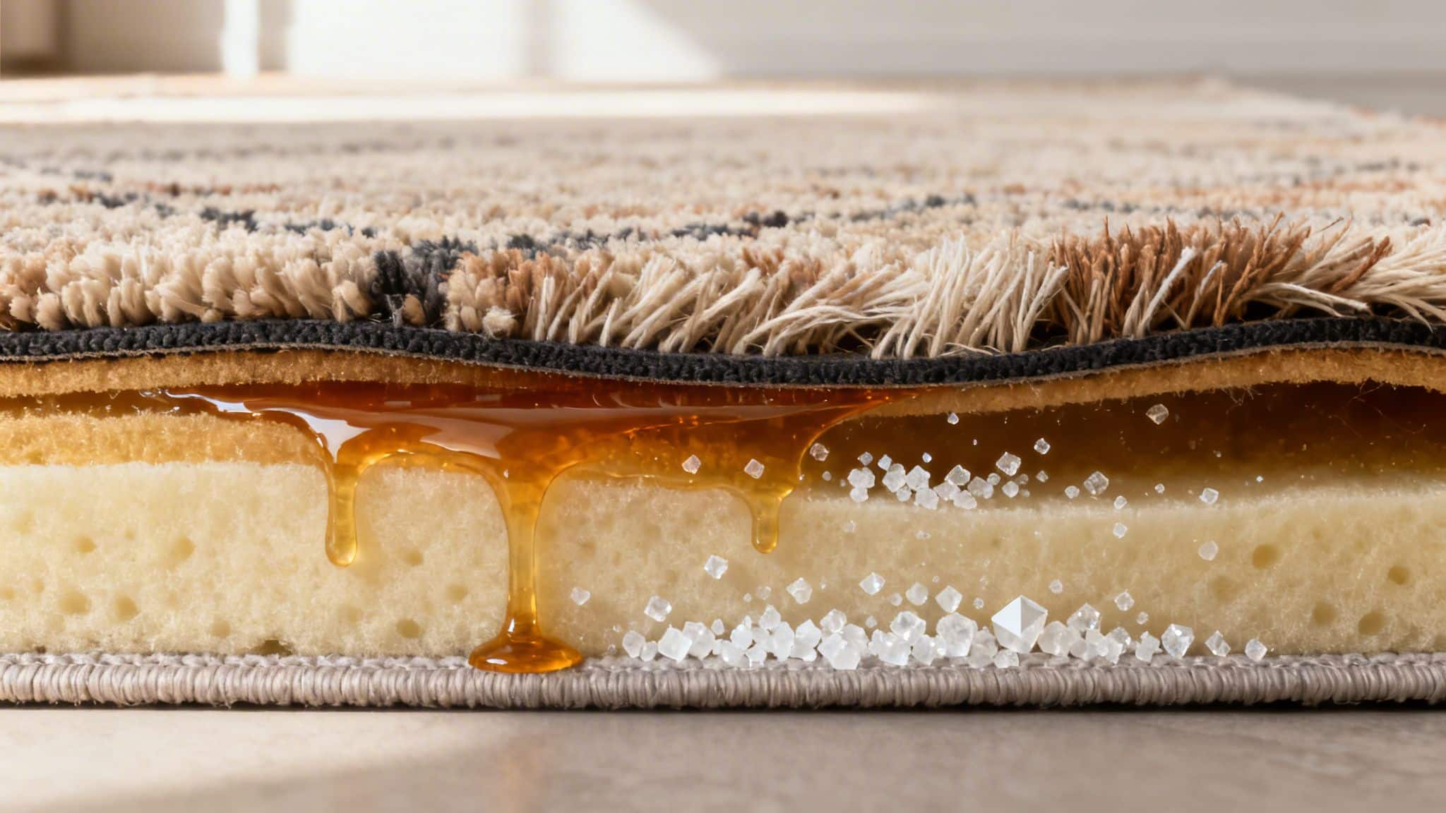 Cross-section of a carpet showing foam padding absorbing amber liquid and white crystals.