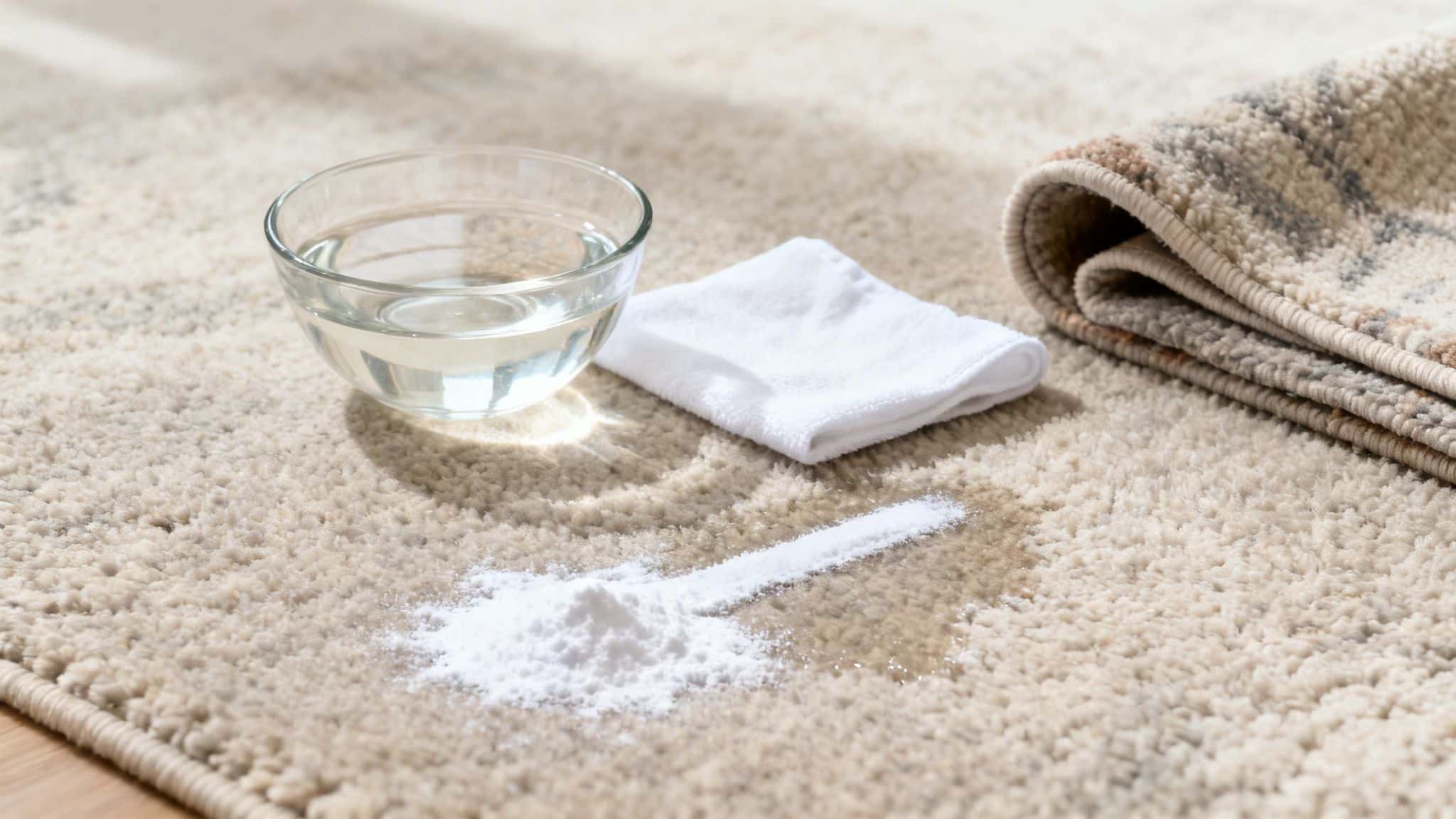 Cleaning supplies like baking soda, water, and a towel on a beige rug for stain removal.