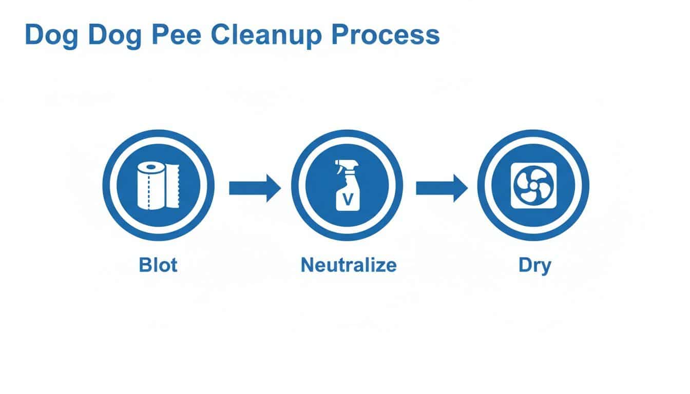 A visual guide illustrating a three-step dog pee cleanup process: Blot with paper towels, Neutralize with spray, and Dry with a fan.