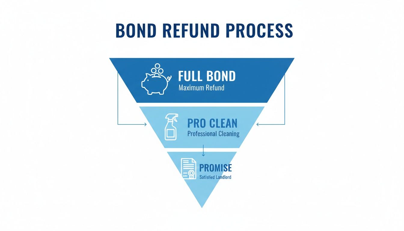 A funnel diagram illustrates the bond refund process, emphasizing professional cleaning for maximum refund.