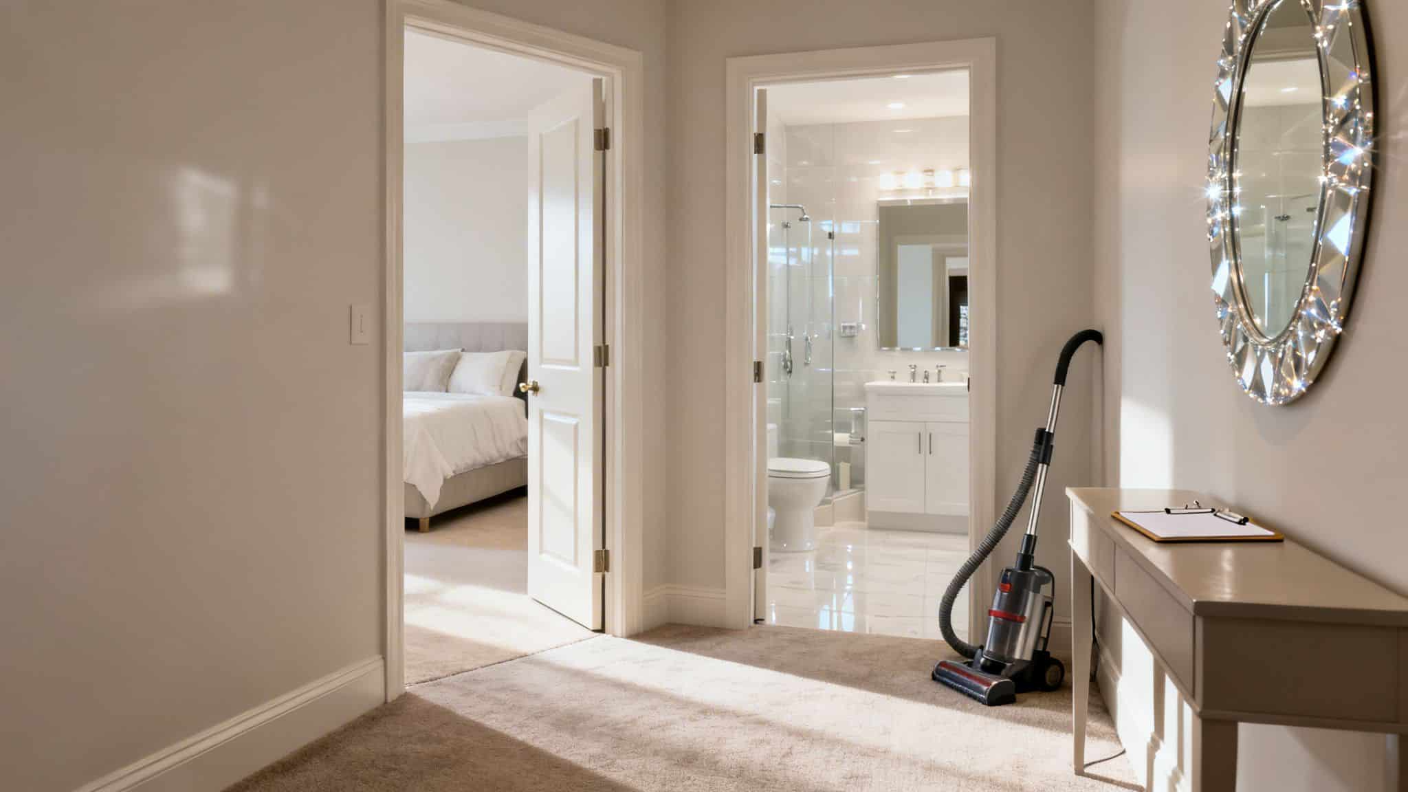 A clean home hallway with open doors to a bedroom and bathroom, featuring a vacuum cleaner and sunlight.