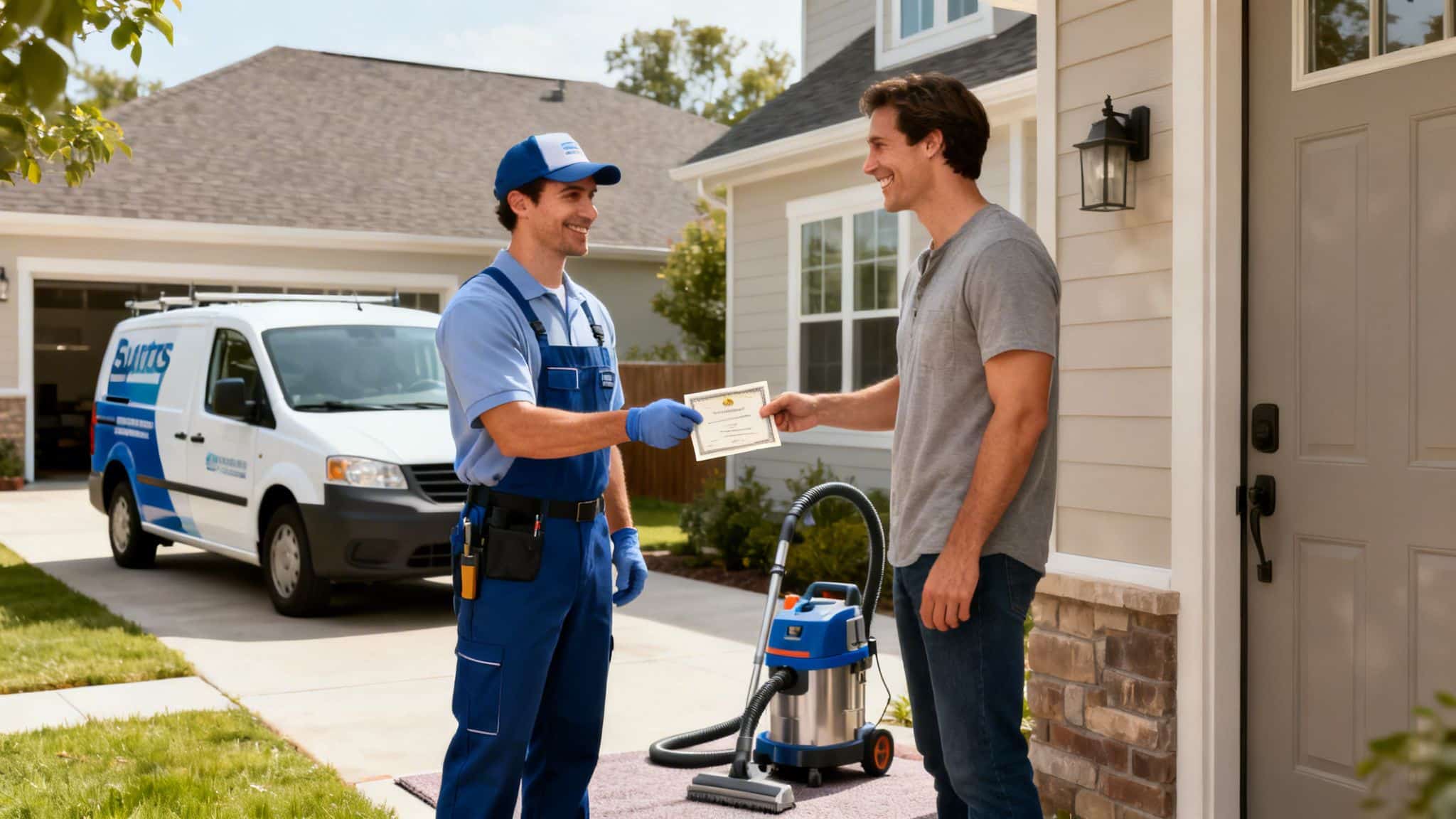 A service technician hands a certificate to a smiling customer in front of a house.
