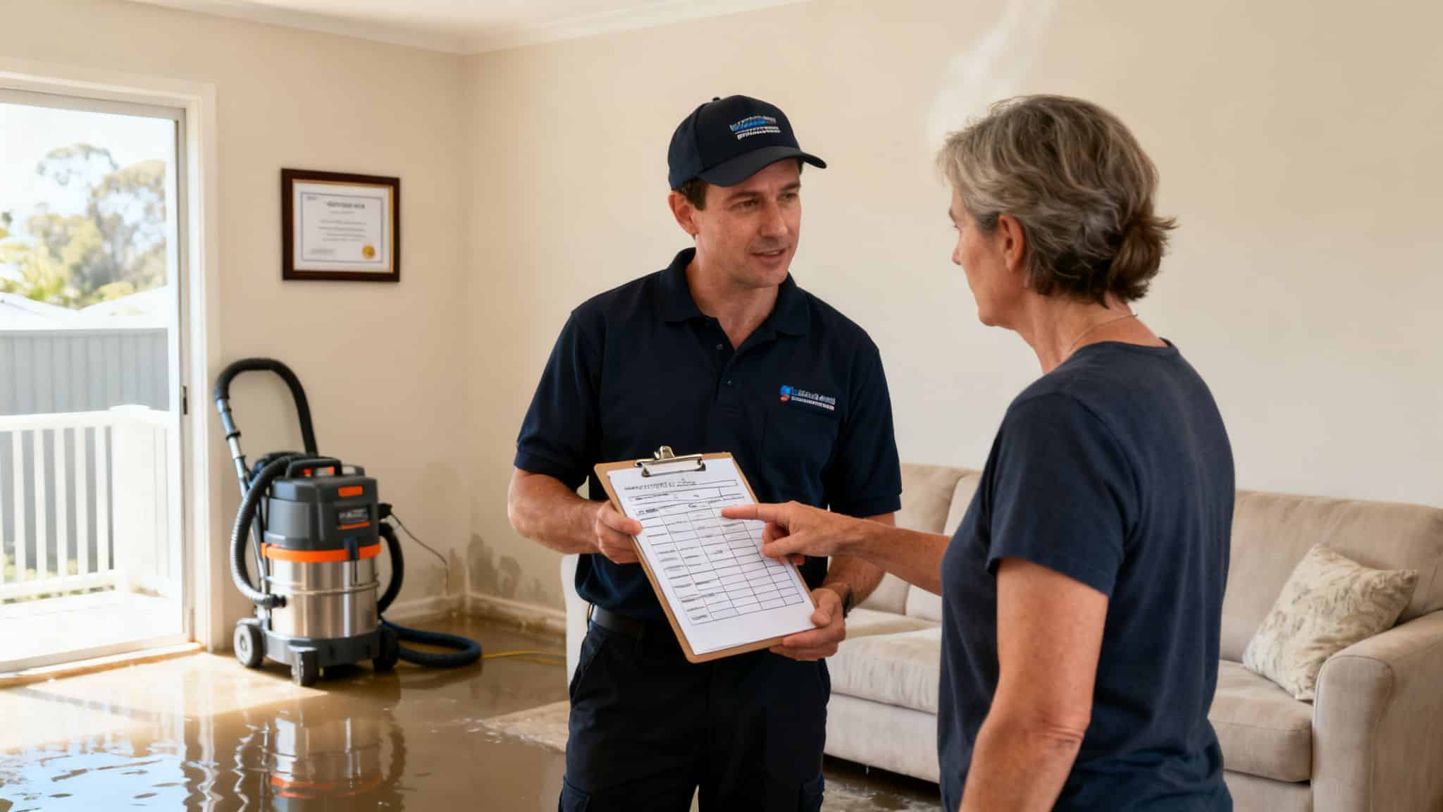 A service technician discusses flood damage restoration details with a homeowner in a water-damaged room.