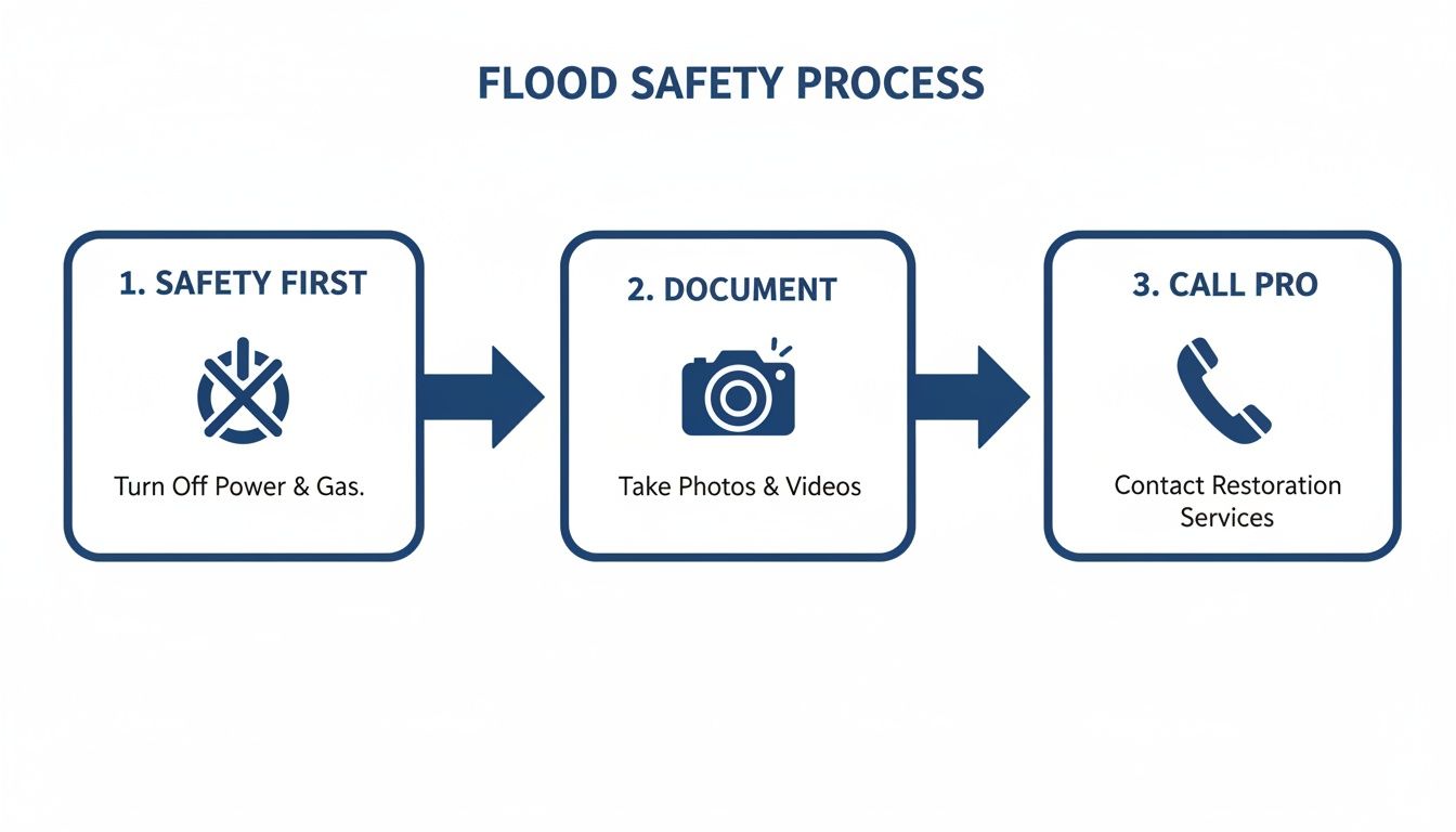 A flowchart detailing a flood safety process: first, turn off power and gas; second, document with photos and videos; third, call professionals for restoration services.