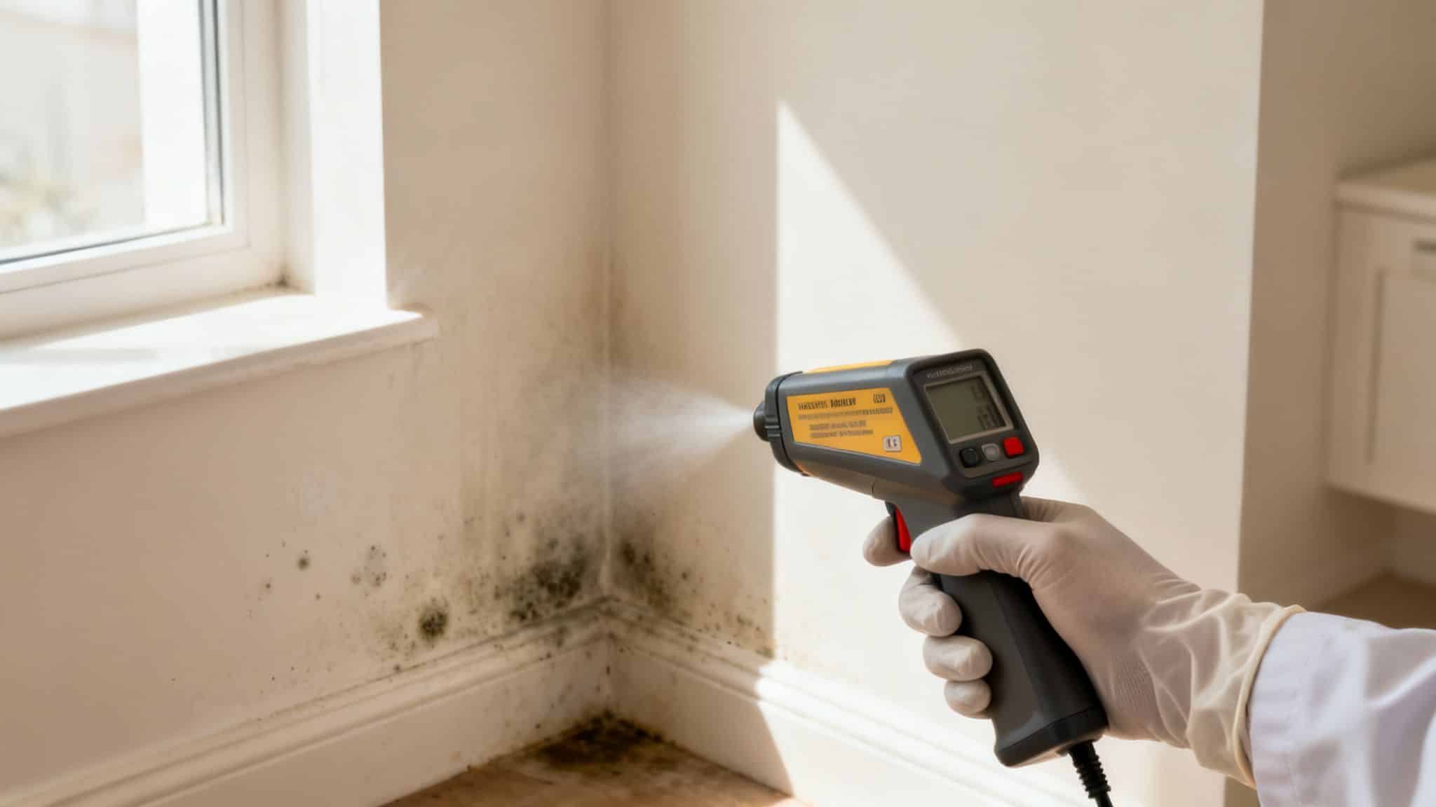 A gloved hand uses a moisture meter to inspect black mold on a wall near a window.