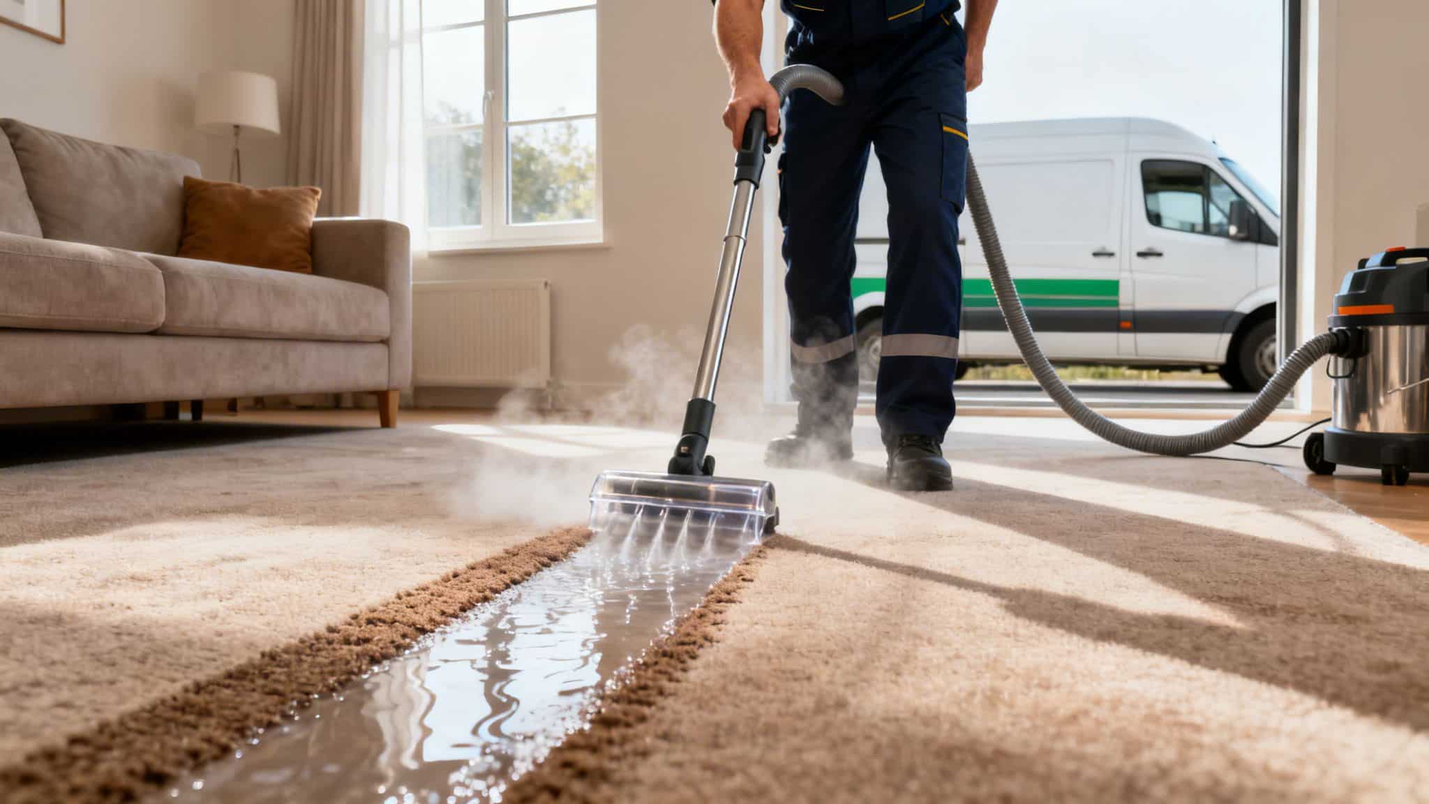 Professional carpet cleaner deep cleaning a living room carpet with a steam extraction machine.