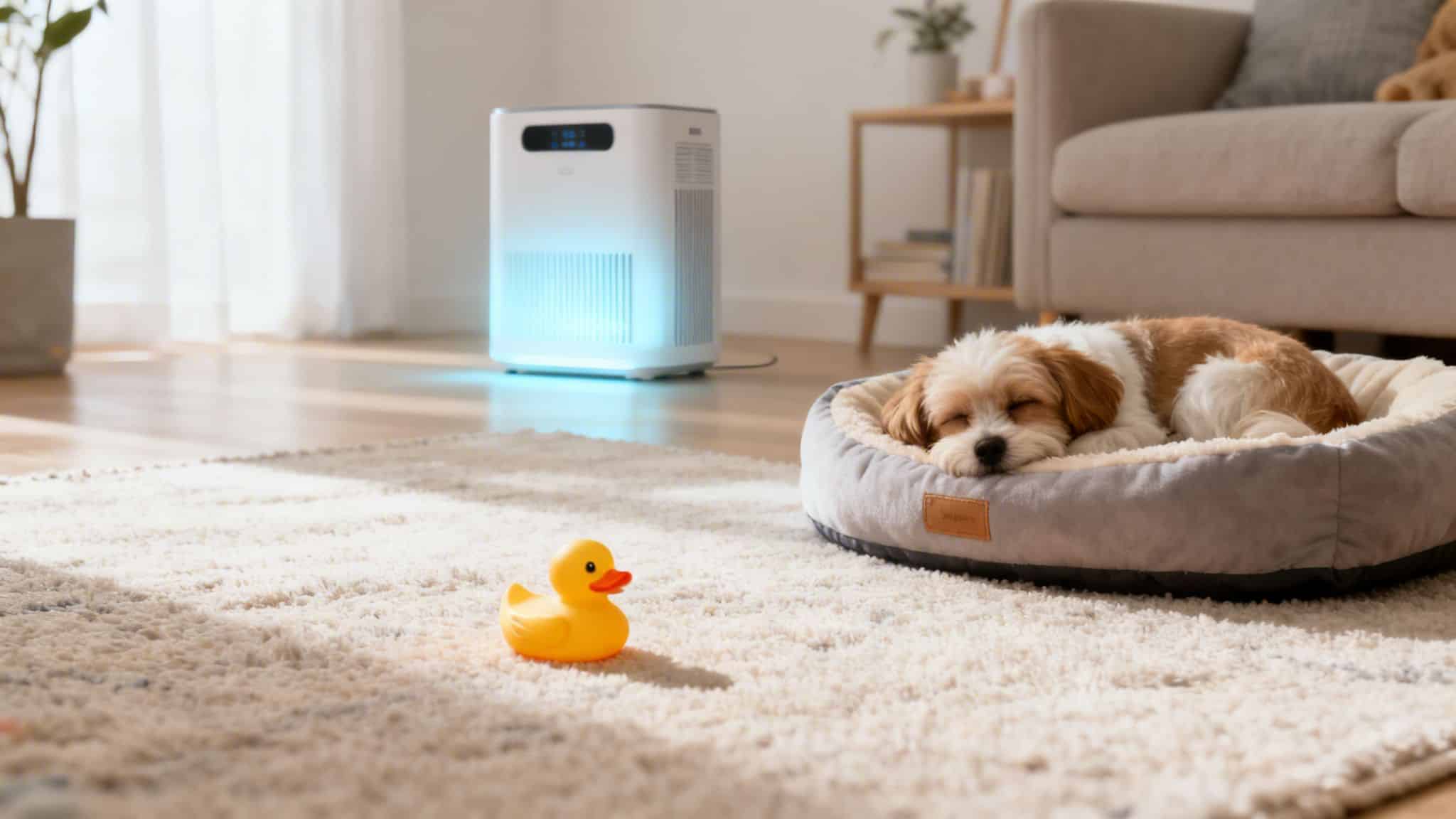 A small dog sleeping peacefully in its bed on a cozy rug, with a rubber duck and air purifier.