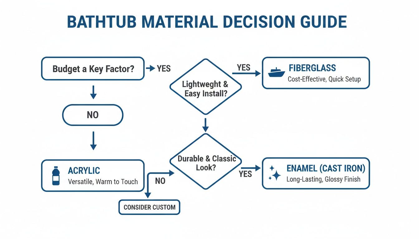 Flowchart illustrating bathtub material selection guide, considering budget, installation, durability, leading to Fiberglass, Acrylic, Enamel (Cast Iron), or custom options.