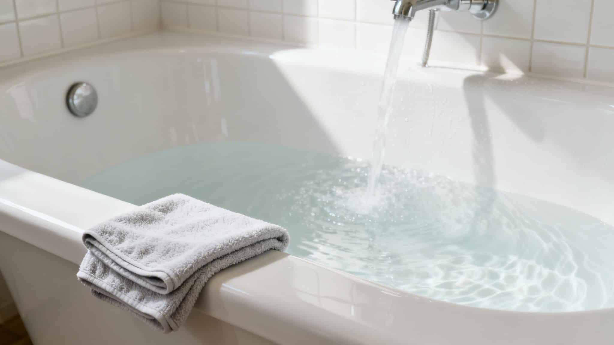 A white bathtub filling with water from a chrome faucet, a grey folded towel on the rim.