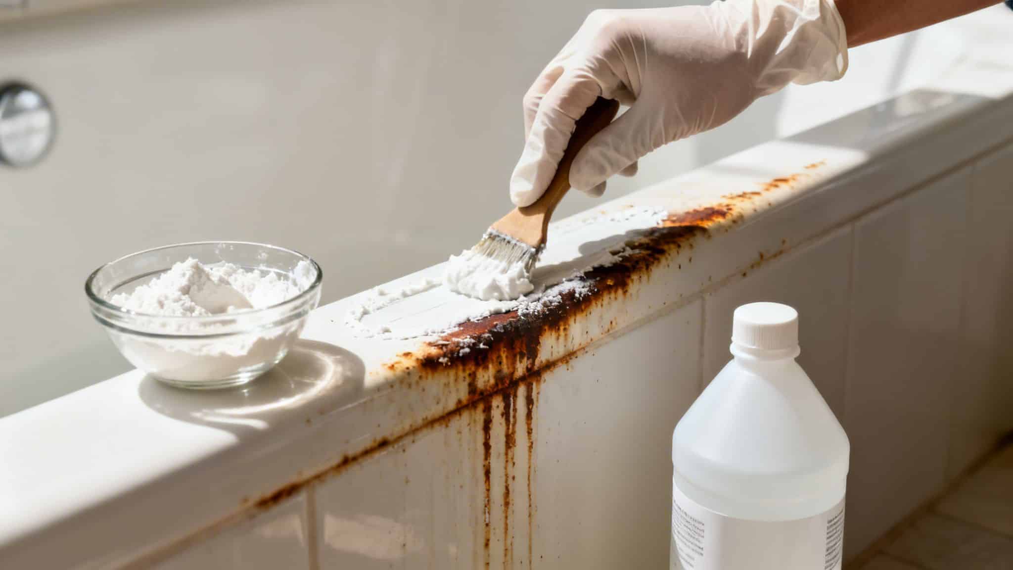A gloved hand brushes white paste onto severe rust stains on a white bathtub, next to a bowl of cleaner.