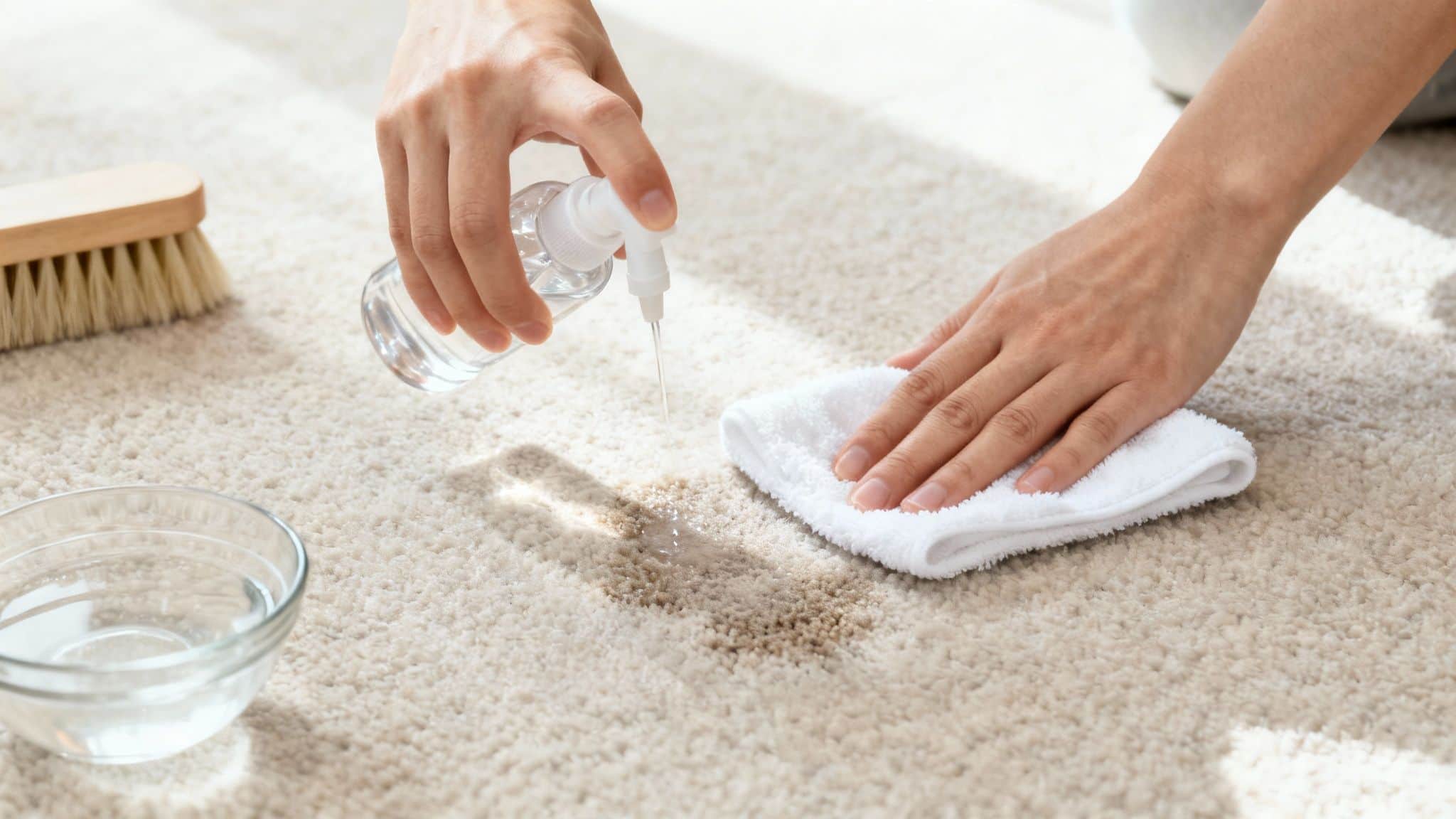 Hands spraying cleaning solution onto a carpet stain and wiping it with a small white cloth.