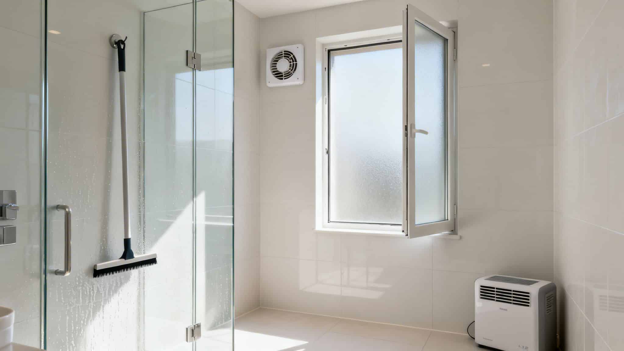 A clean, bright bathroom with white tiles, a glass shower, open window, and a dehumidifier.