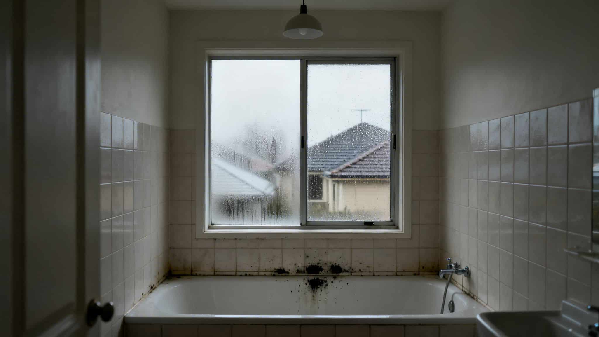 A neglected, moldy bathroom with a white bathtub under a rain-streaked window showing houses outside.