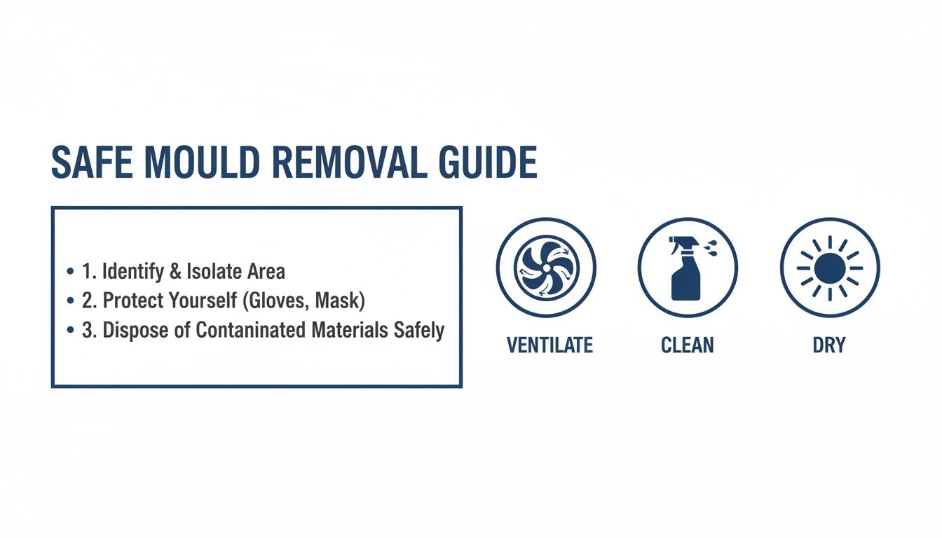 A safe mould removal guide with steps for identification, protection, disposal, ventilation, cleaning, and drying.