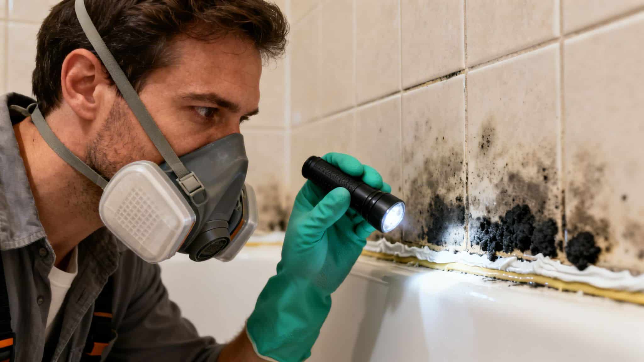 A person in a respirator mask and gloves inspects severe black mold on bathroom tiles with a flashlight.