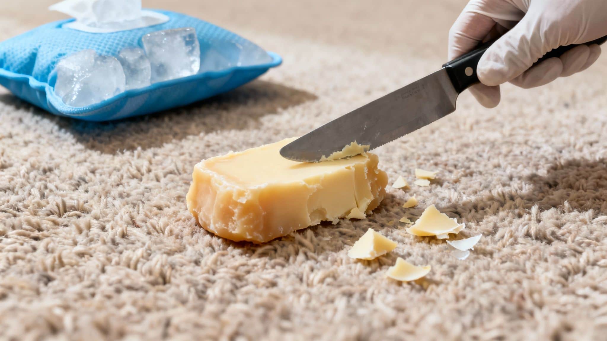 A gloved hand scrapes yellow wax from a brown carpet with a knife, with ice cubes in the background.