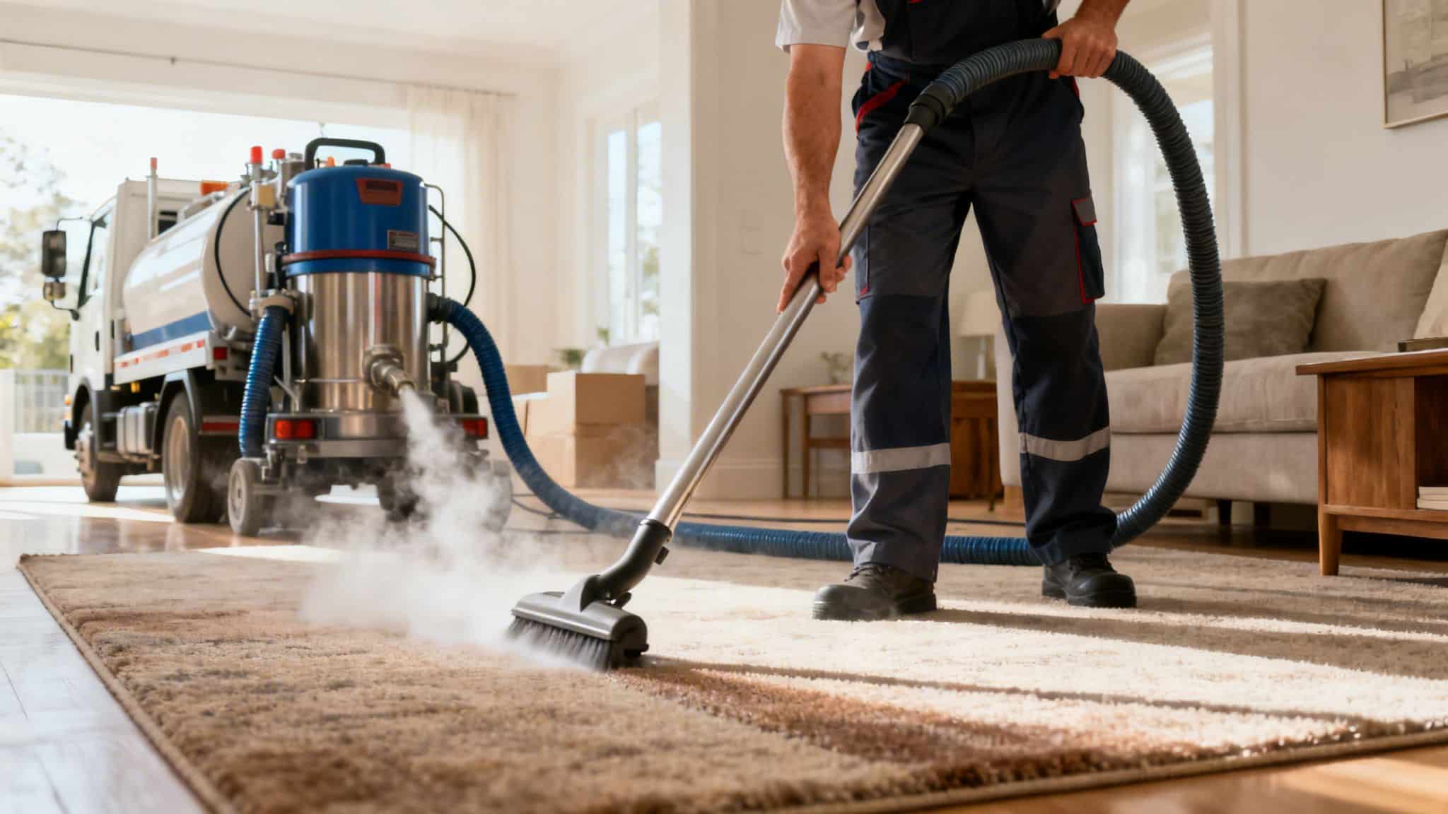 Worker using professional steam cleaning equipment on a beige carpet in a bright living room.