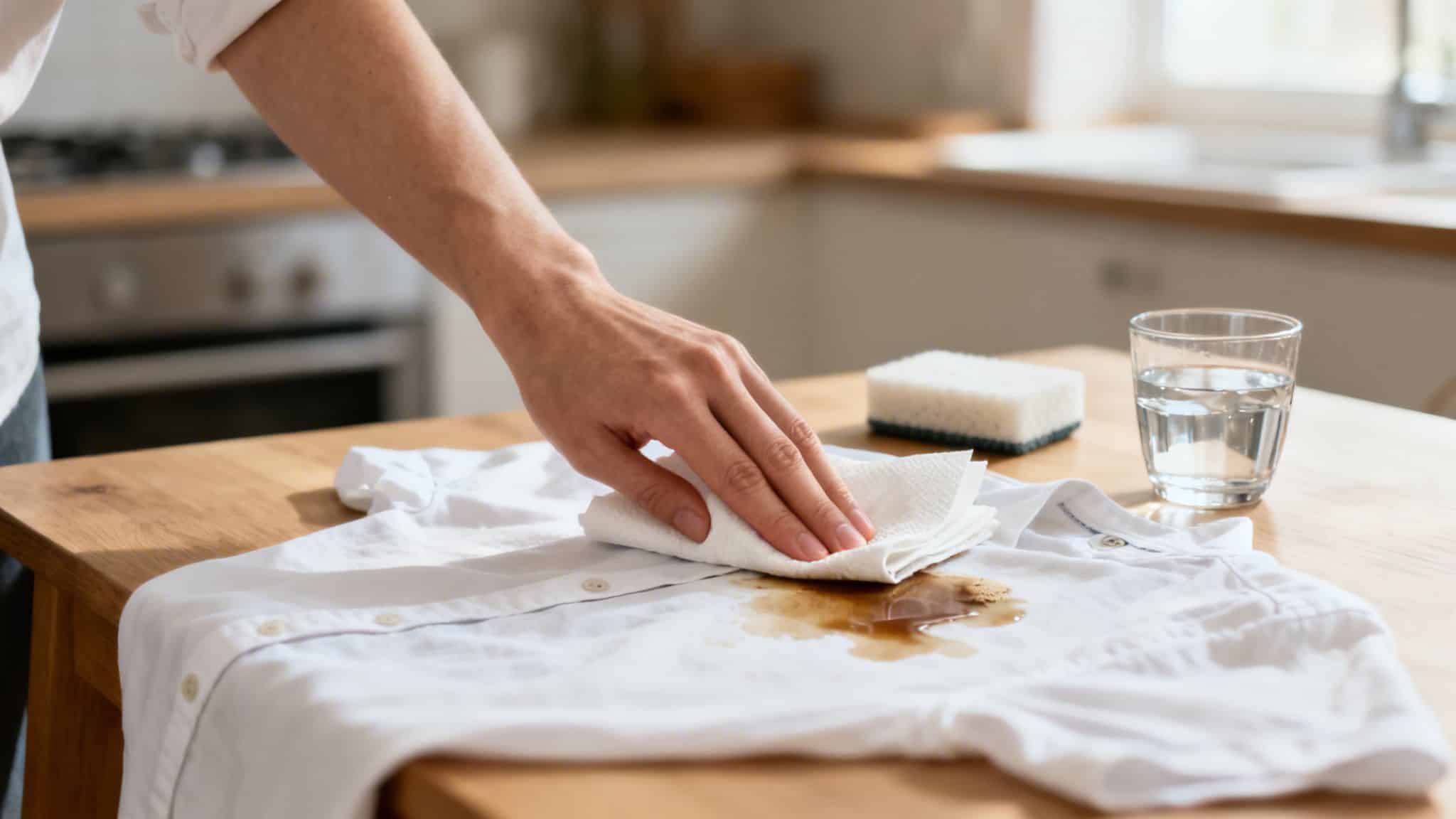 A person dabs a brown coffee stain on a white shirt with a paper towel in a kitchen.