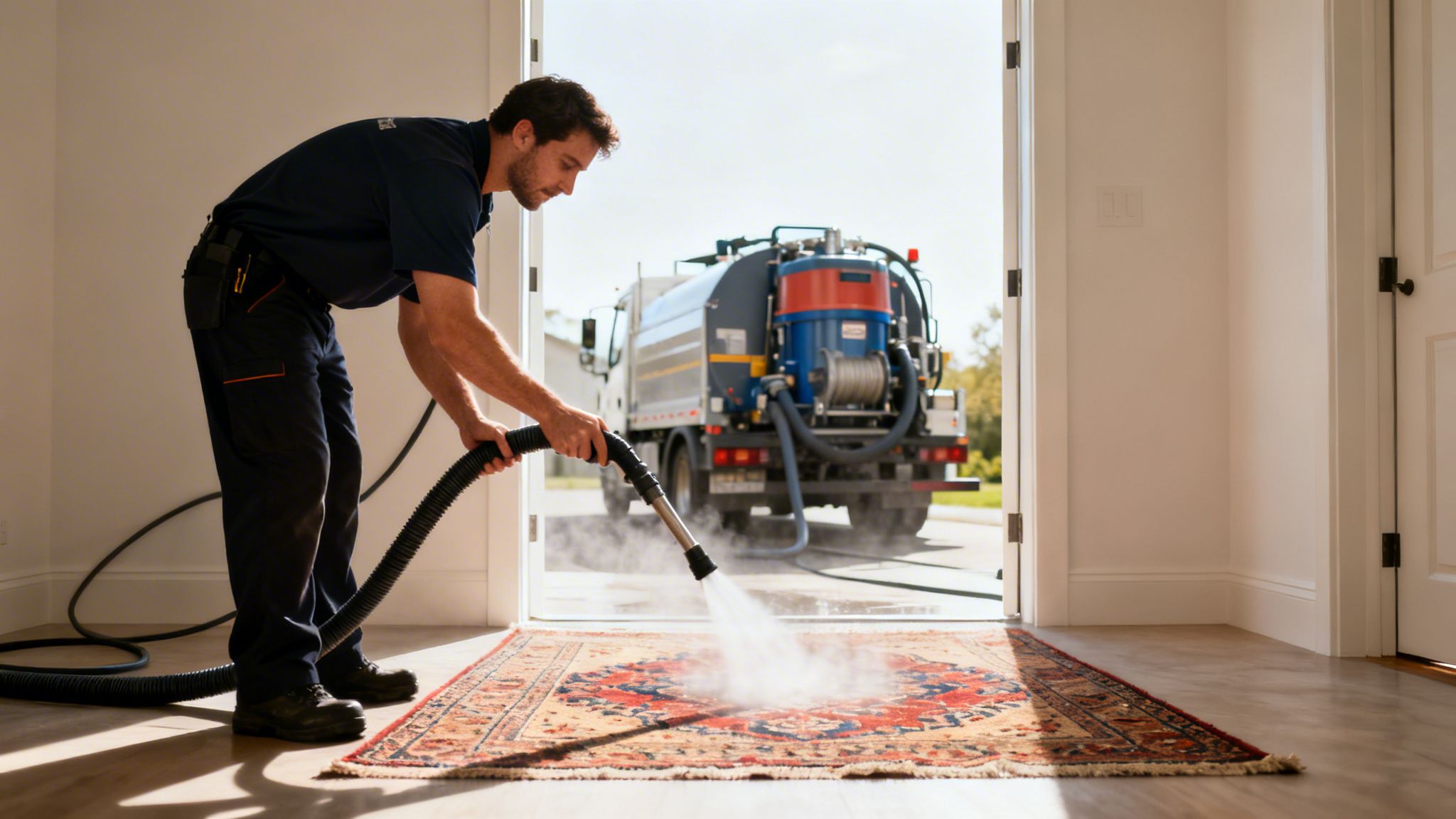 Professional cleaner using a truck-mounted steam cleaning system to clean an ornate patterned rug indoors.