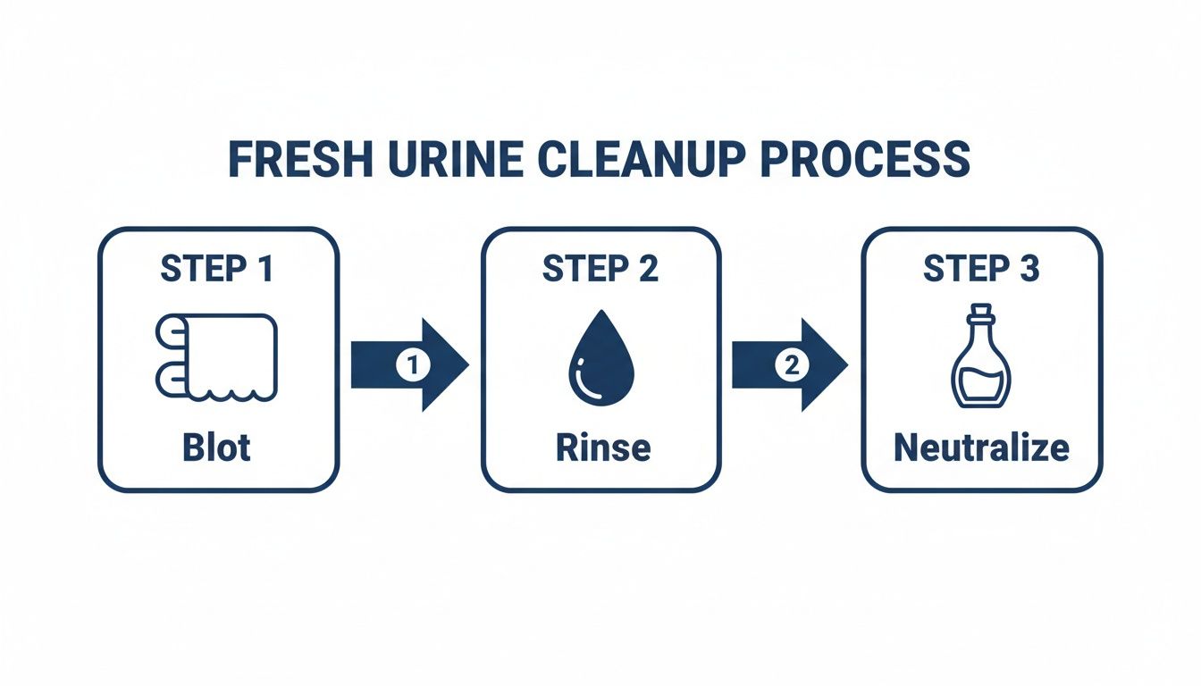 A diagram outlining a 3-step fresh urine cleanup process: blot, rinse, and neutralize.
