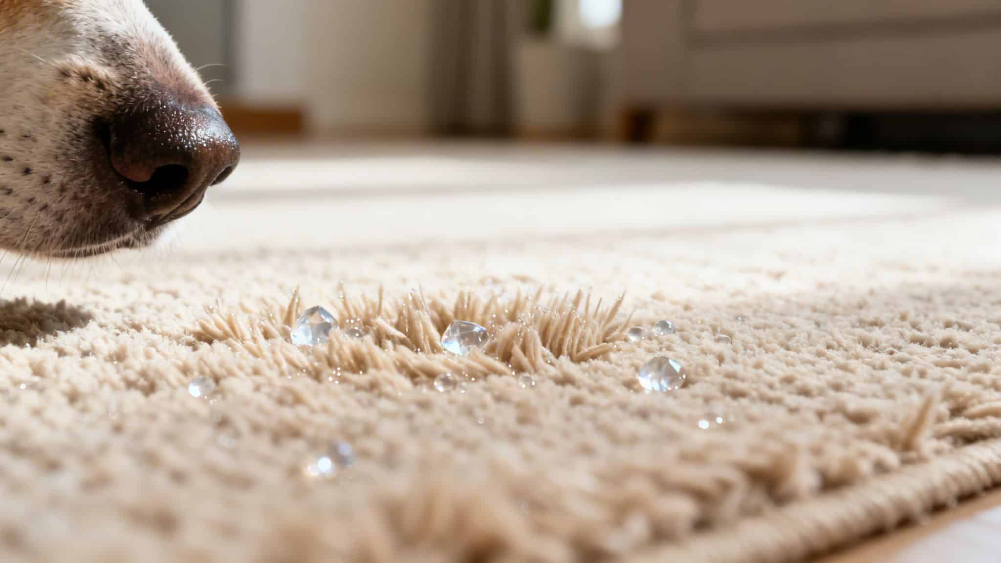 A dog's wet nose inspects clear water droplets on a fluffy, light-colored rug.