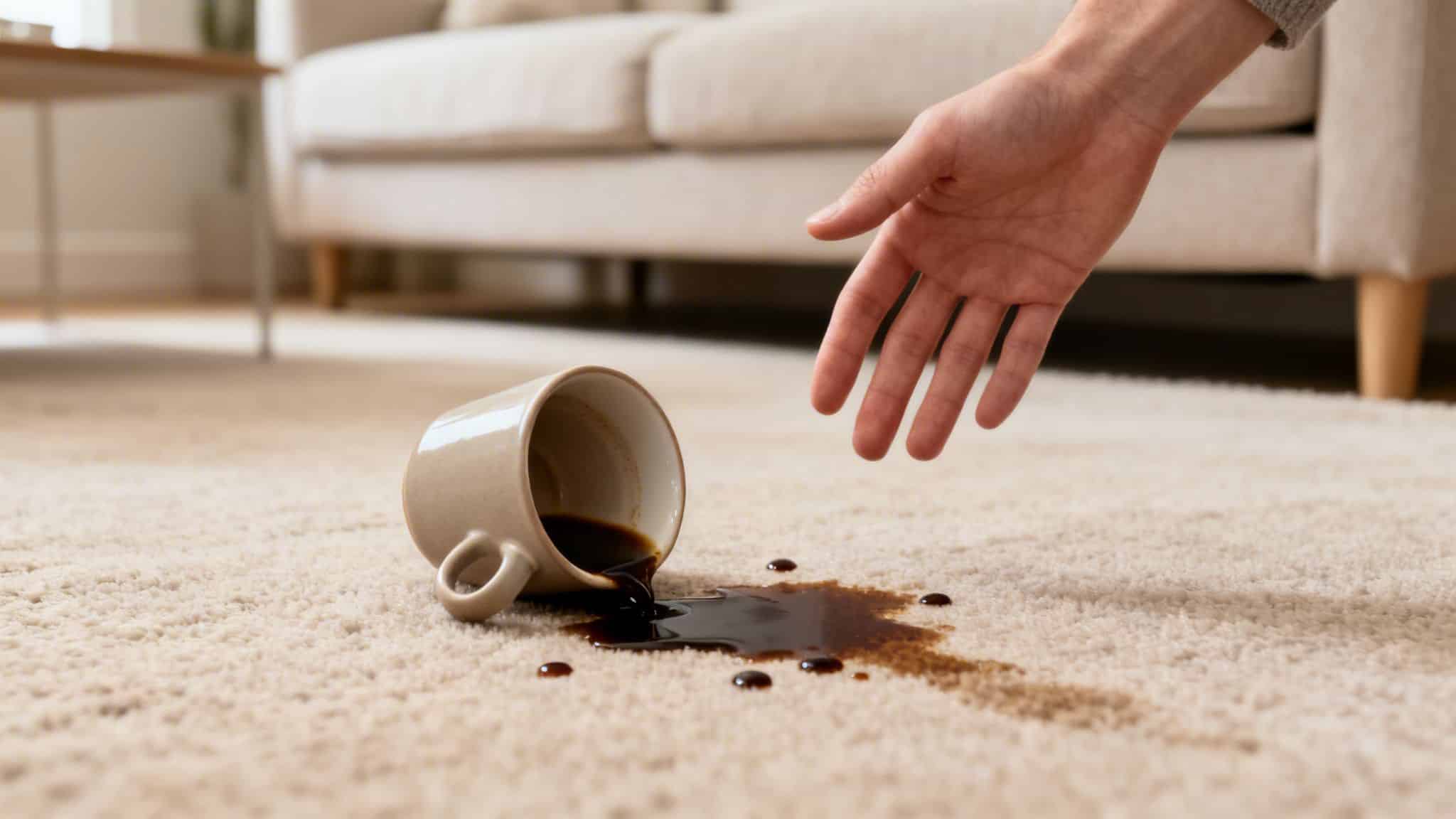 A hand reaches for a beige mug spilling dark coffee onto a light colored carpet, creating a stain.