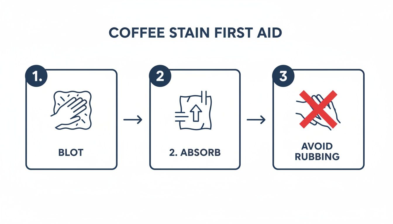 A three-step visual guide for coffee stain first aid: blot, absorb, and avoid rubbing.