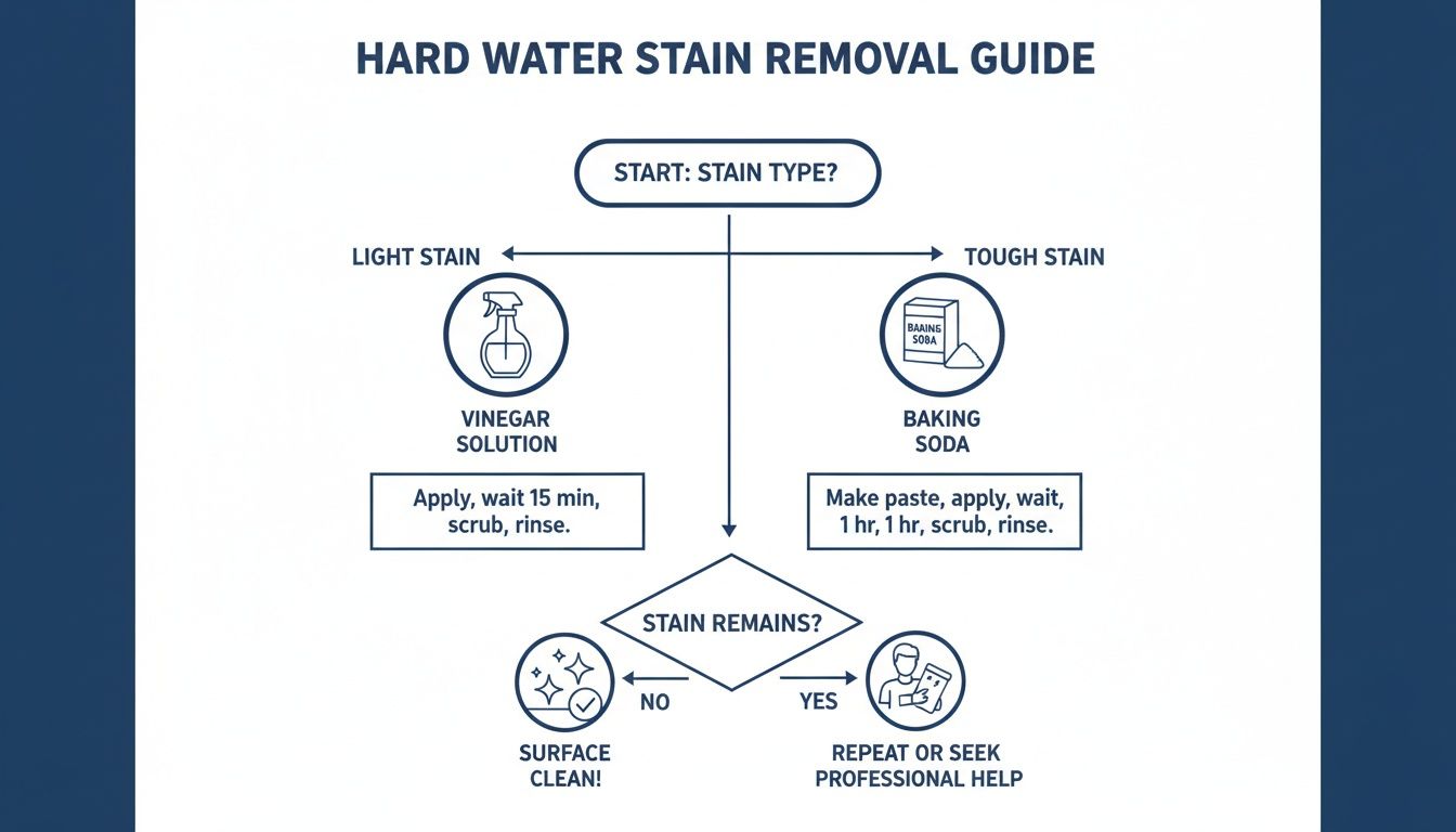 A hard water stain removal guide flowchart showing steps for light and tough stains using vinegar or baking soda.
